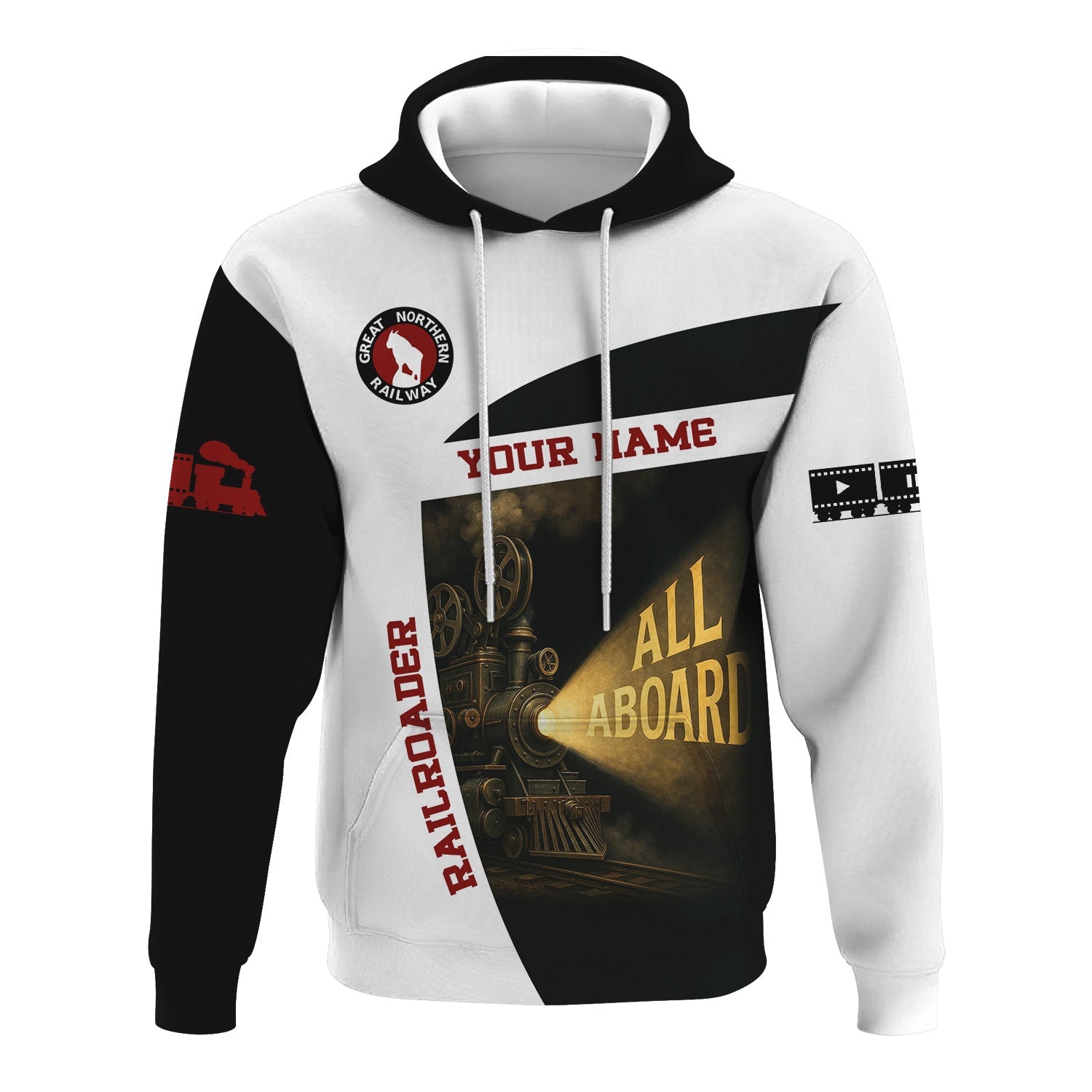 Railspirit Personalized Great Northern Railway Hoodie All Aboard Steam Train Movie Projector Style GNR Zip Up Hoodie