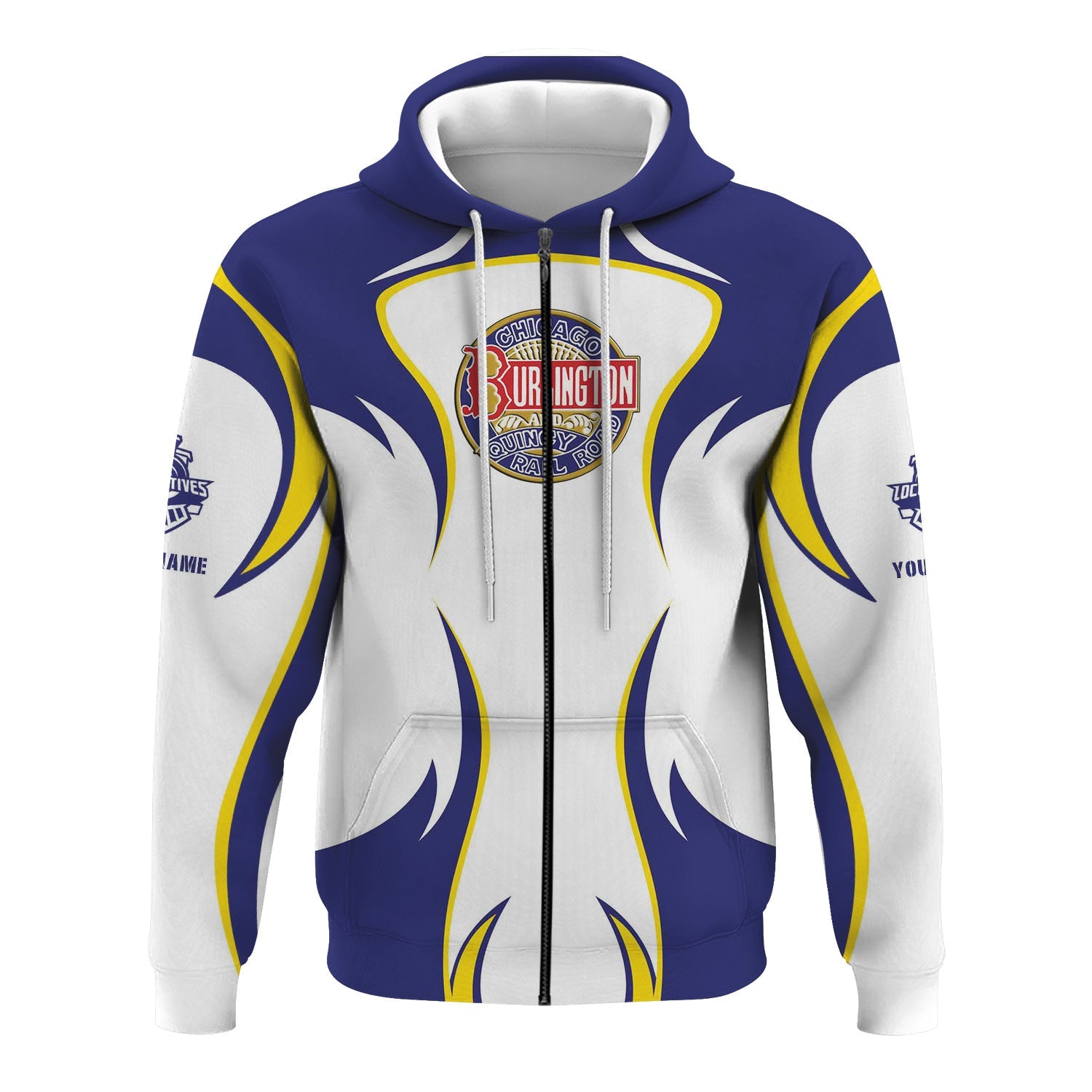 Railspirit Personalized Chicago, Burlington and Quincy Railroad Hoodie Distinctive Flame Style Zip Up Hoodie For Steam Engine Addict