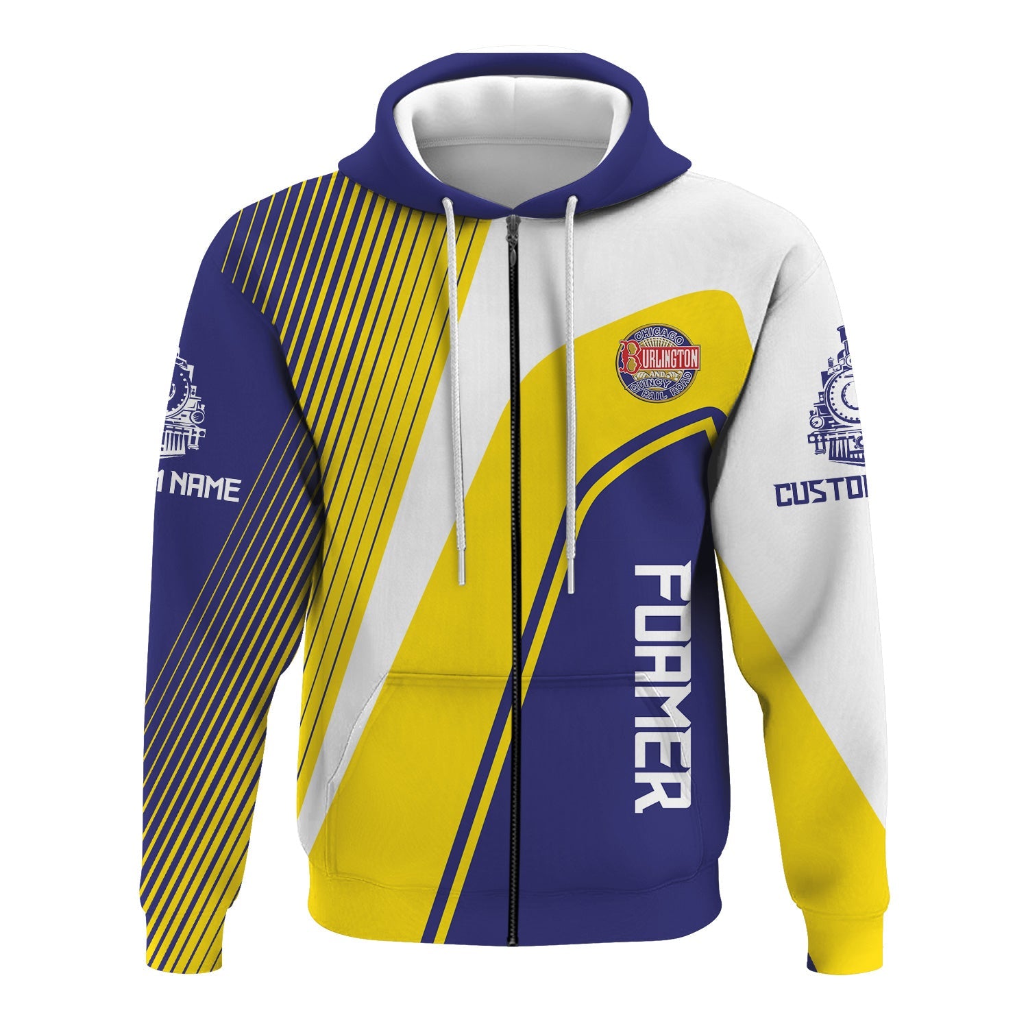 Railspirit Personalized Chicago, Burlington and Quincy Railroad Hoodie Vibrant Striking Style Zip Up Hoodie For Rail Enthusiasts