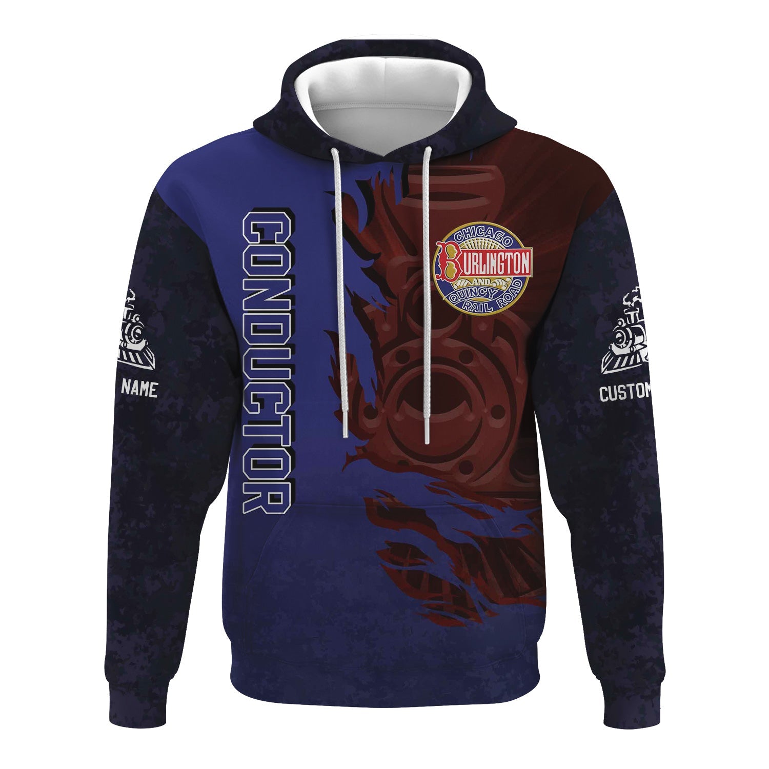 Railspirit Personalized Chicago, Burlington and Quincy Railroad Hoodie Blazing Style with Custom Position Train Zip Up Hoodie