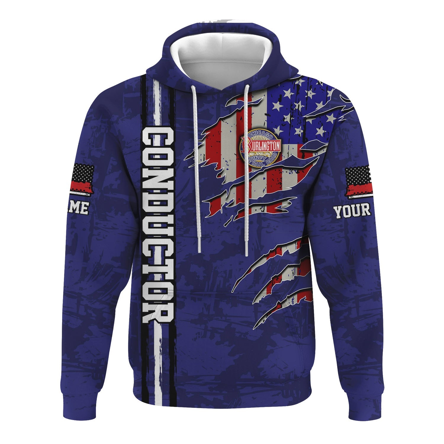 Railspirit Personalized Chicago, Burlington and Quincy Railroad Hoodie USA Flag Claw Art with Custom Job Train Zip Up Hoodie