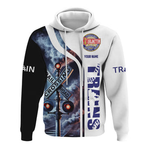 Railspirit Custom Name Chicago, Burlington and Quincy Railroad Hoodie Railroad Crossing Sign Printed Zip Hoodie