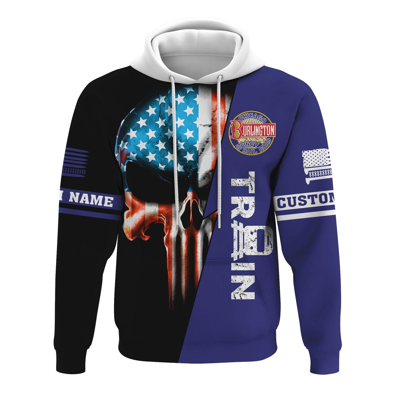 Railspirit Personalized Chicago, Burlington and Quincy Railroad Hoodie Train Skull American Flag Zip Up Hoodie All Over Print