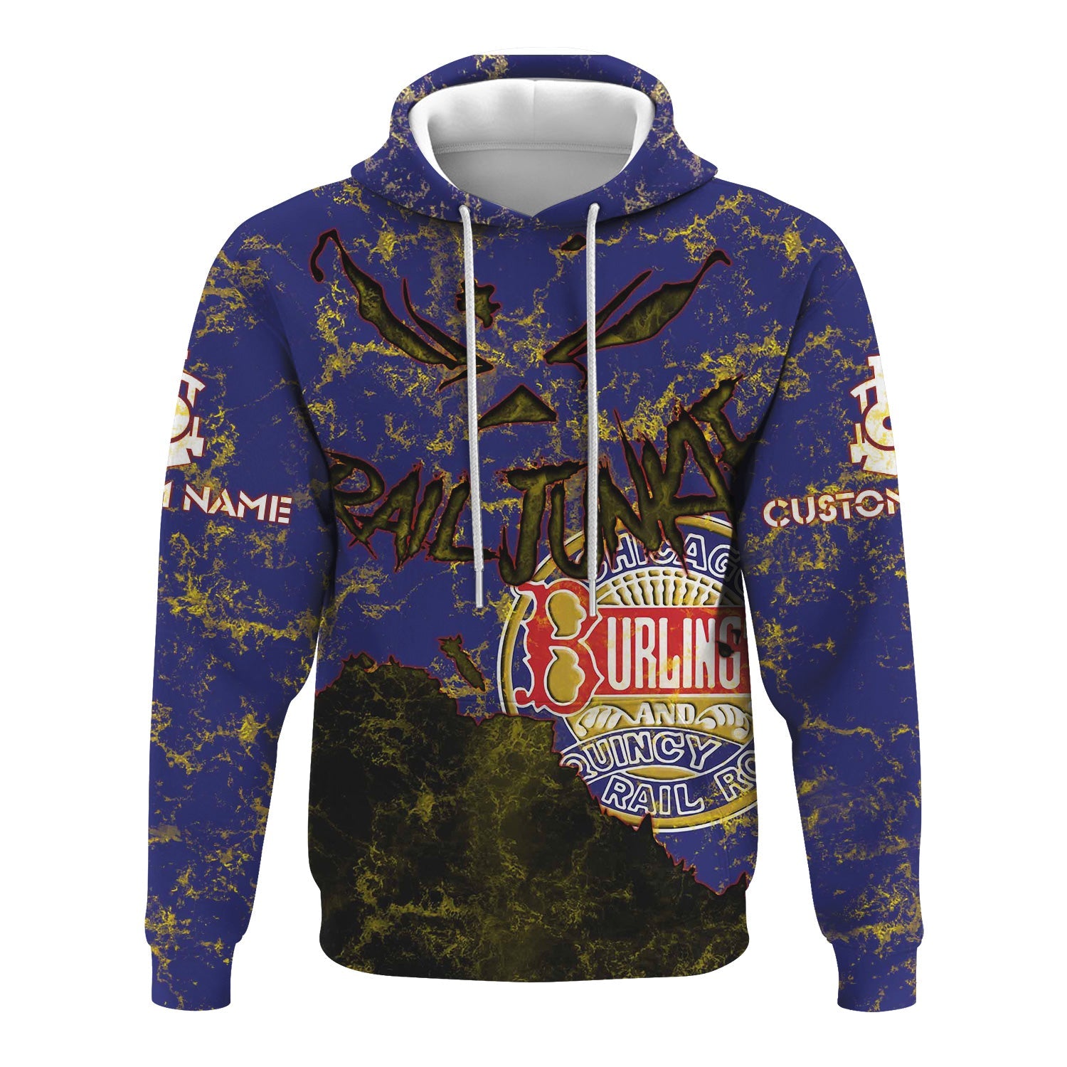 Railspirit Personalized Chicago, Burlington and Quincy Railroad Hoodie Torn Graphic Style Train Zip Up Hoodie For Rail Junkie