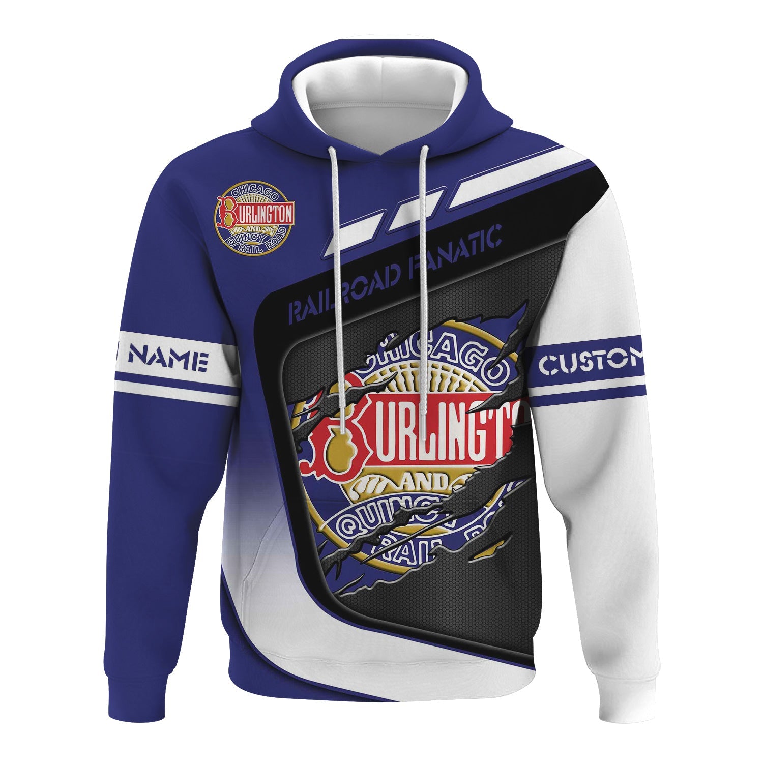 Railspirit Personalized Chicago, Burlington and Quincy Railroad Hoodie Ripped Texture Style Train Zip Up Hoodie For Railroad Fanatic