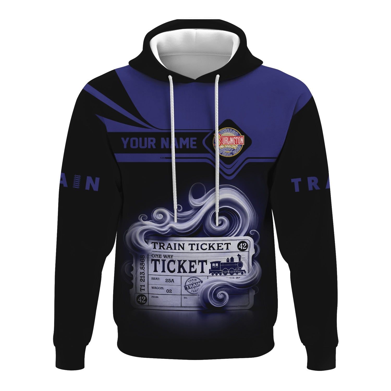 Railspirit Custom Name Chicago, Burlington and Quincy Railroad Hoodie American Train Ticket Printed Zip Hoodie