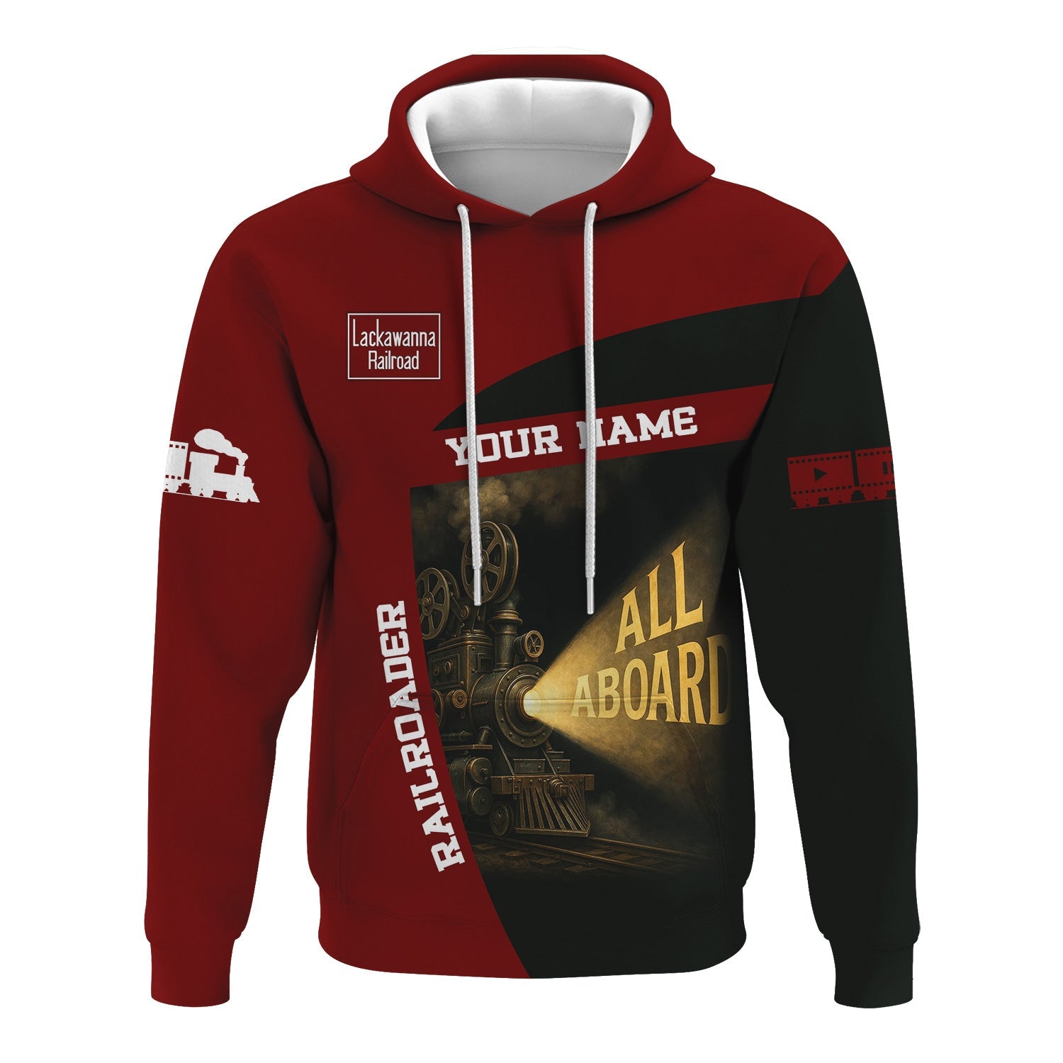 Railspirit Personalized Delaware, Lackawanna and Western Railroad Hoodie All Aboard Steam Train Movie Projector Style DL&W Zip Up Hoodie