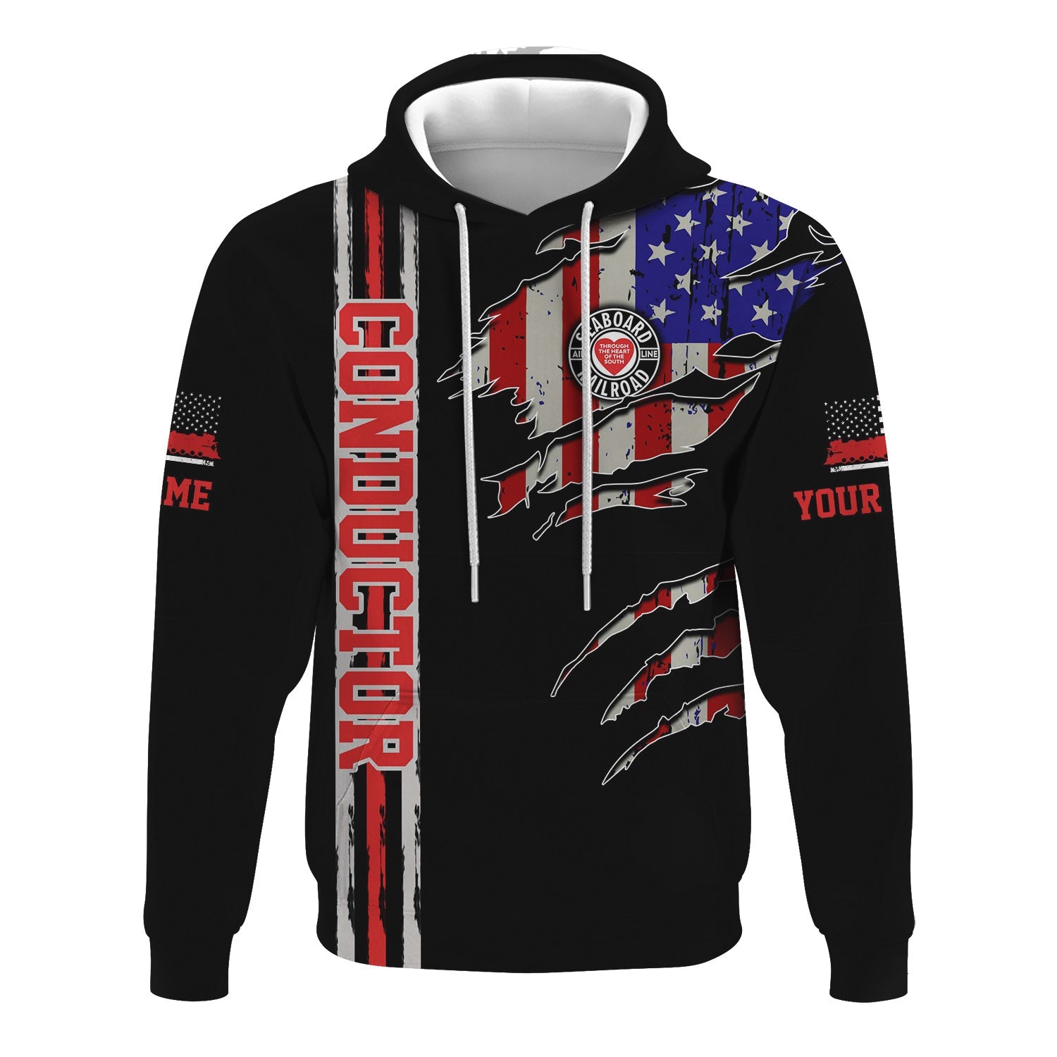 Railspirit Personalized Seaboard Air Line Railroad Hoodie USA Flag Claw Art with Custom Job Train Zip Up Hoodie