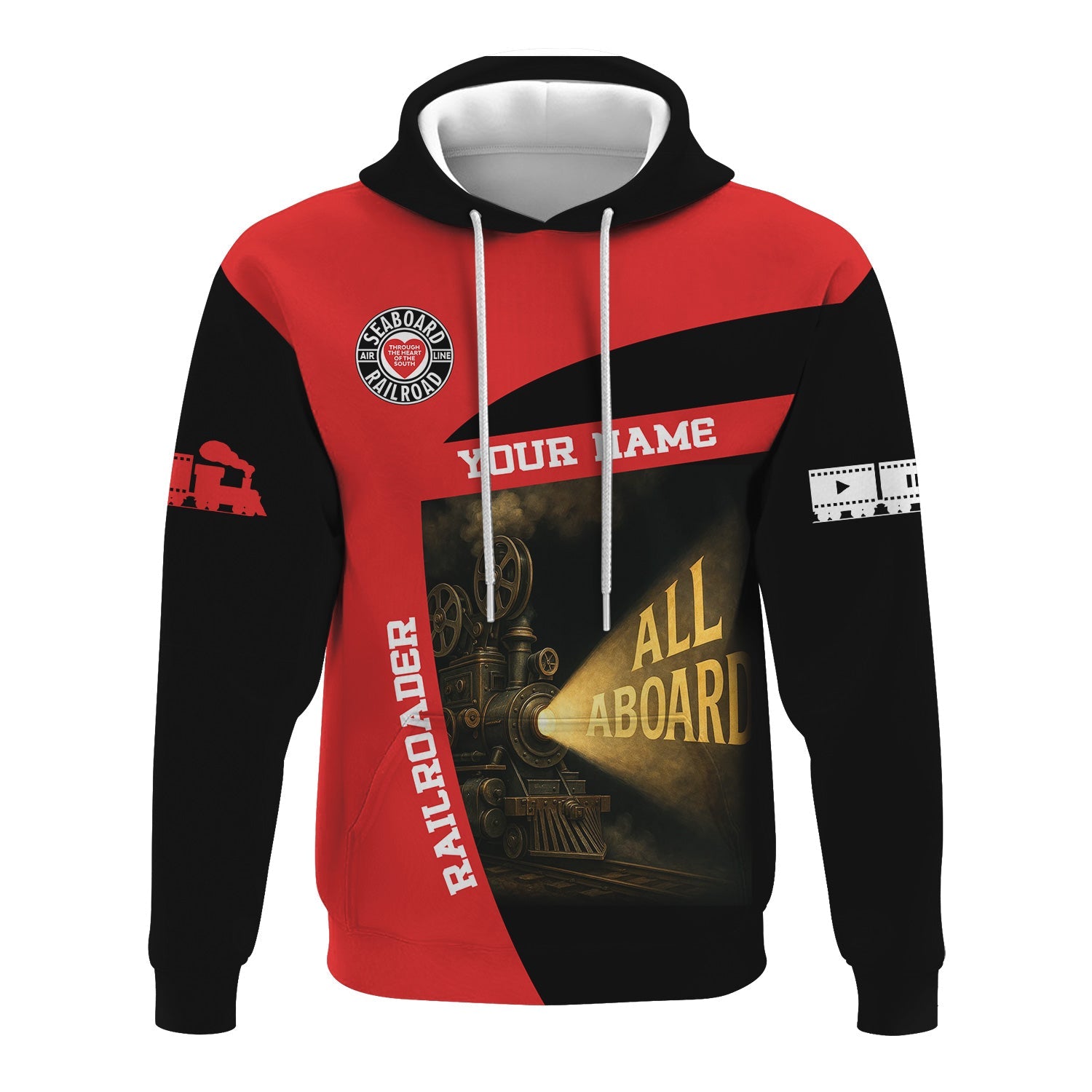 Railspirit Personalized Seaboard Air Line Railroad Hoodie All Aboard Steam Train Movie Projector Style Zip Up Hoodie