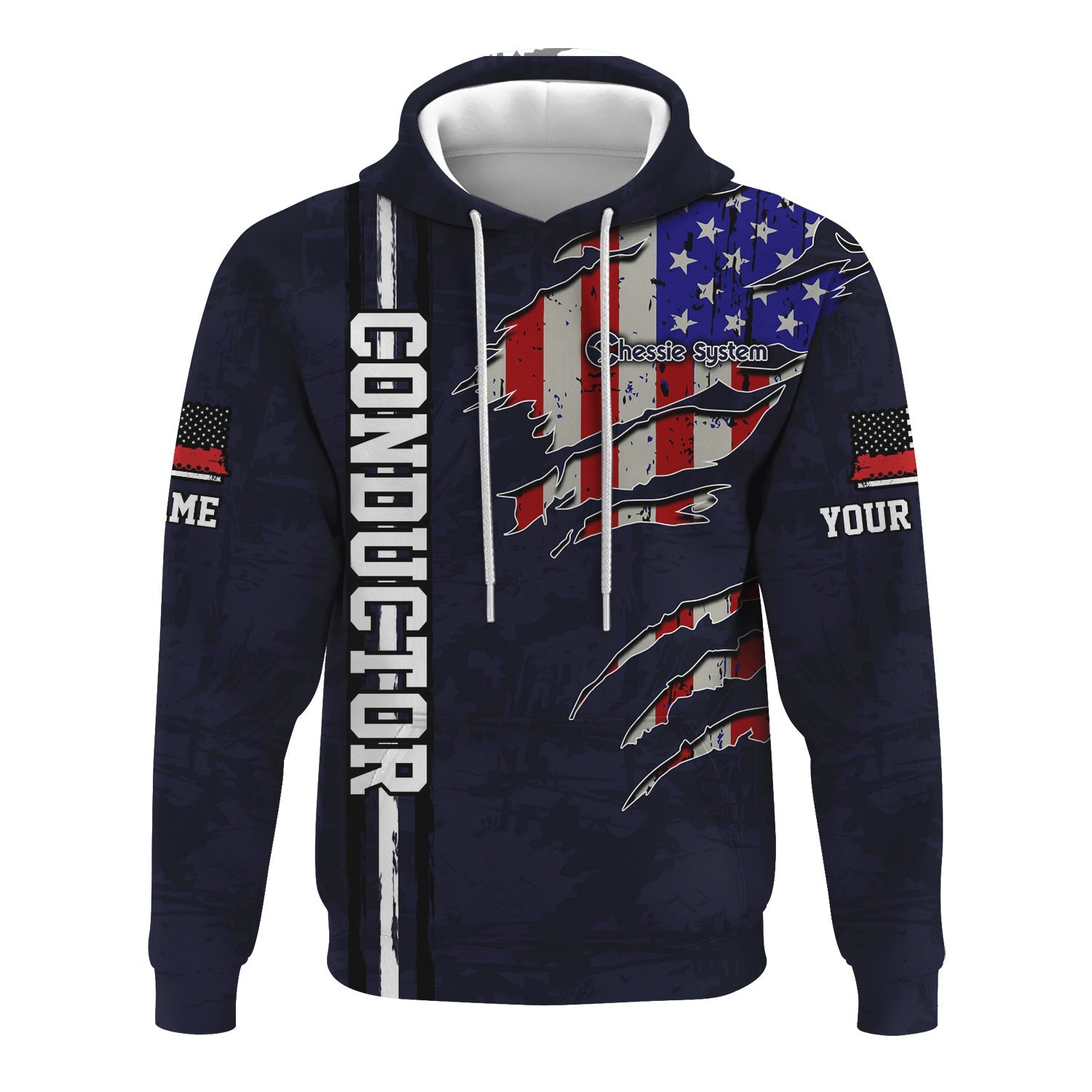 Railspirit Personalized Chessie System Railroad Hoodie USA Flag Claw Art with Custom Job Train Zip Up Hoodie