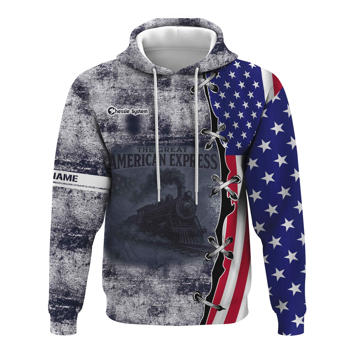 Railspirit Personalized Chessie System Railroad Hoodie Retro American Express Train With USA Flag Zip Up Hoodie