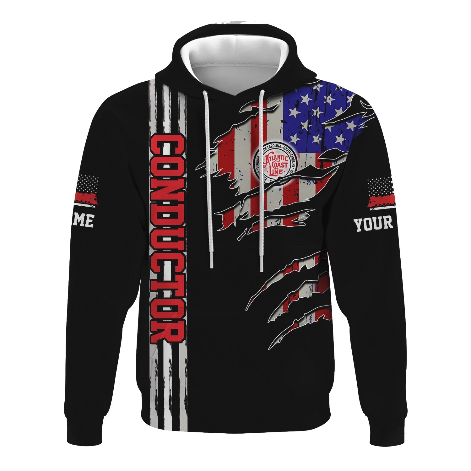 Railspirit Personalized Atlantic Coast Line Railroad Hoodie USA Flag Claw Art with Custom Job Train Zip Up Hoodie