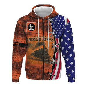 Railspirit Personalized Illinois Central Railroad Hoodie Retro American Express Train With USA Flag Zip Up Hoodie