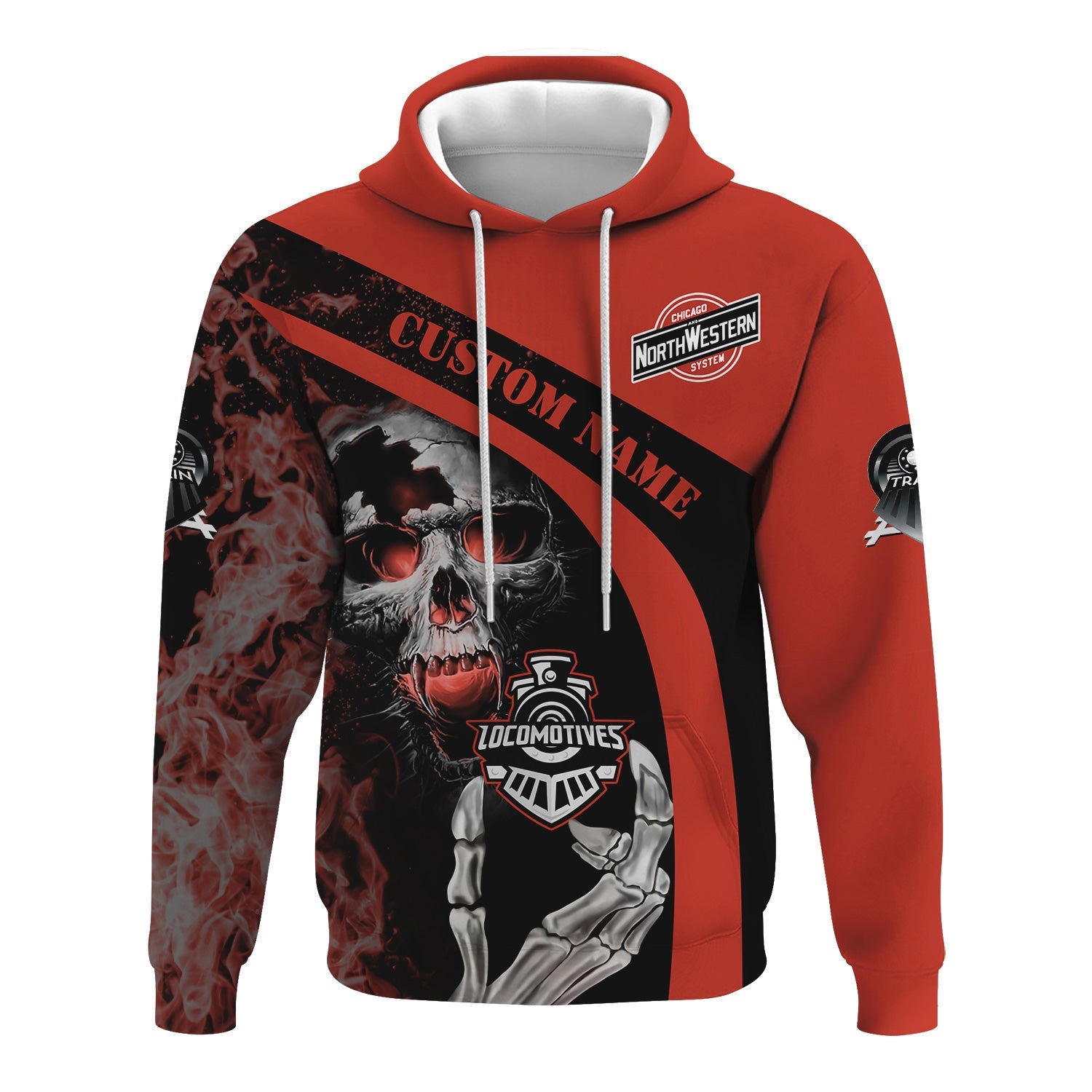 Railspirit Personalized Chicago and North Western Railway Hoodie Flame Skull Design Train Zip Up Hoodie for Locomotive Fans