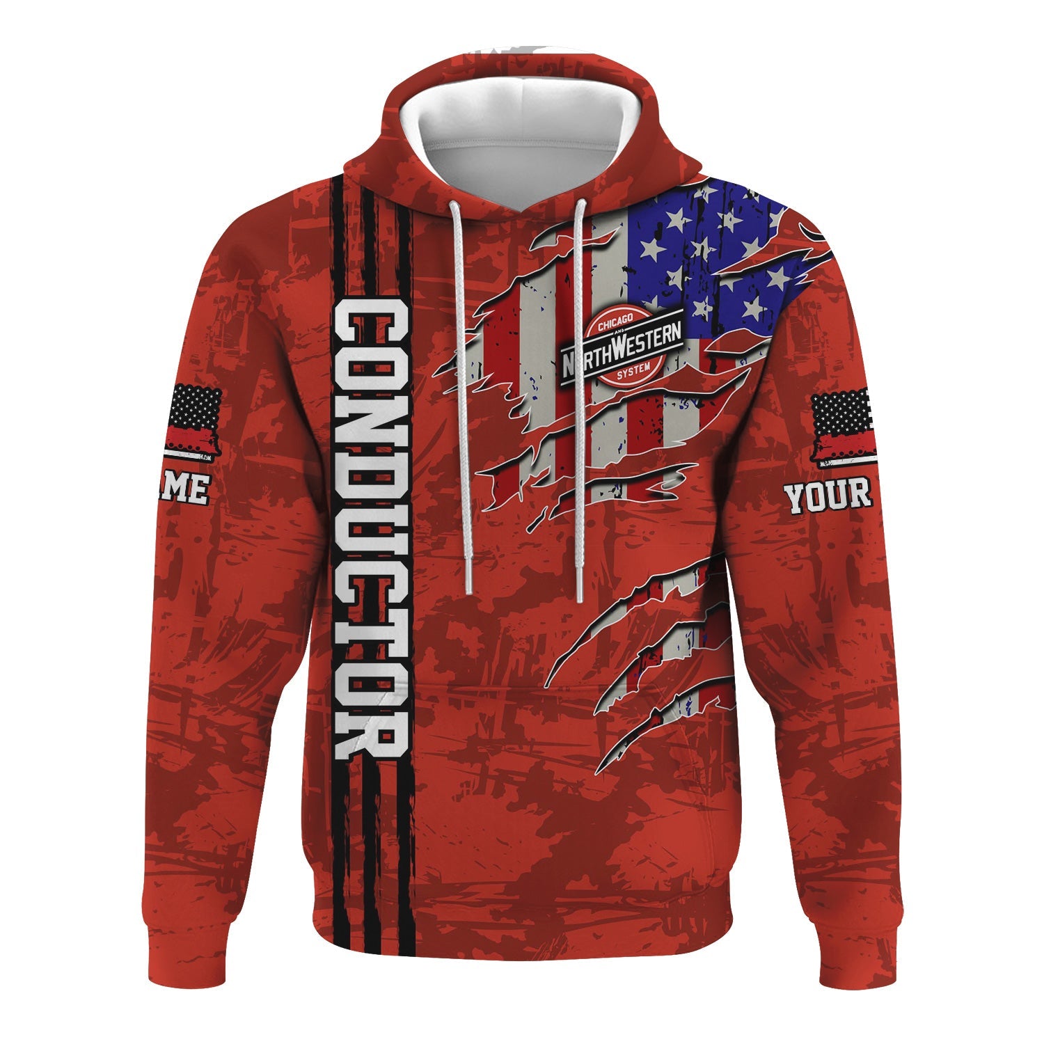 Railspirit Personalized Chicago and North Western Railway Hoodie USA Flag Claw Art with Custom Job Train Zip Up Hoodie