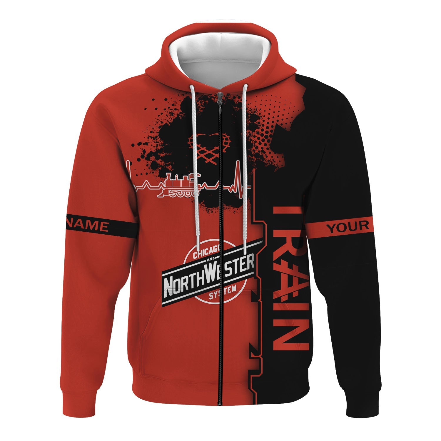 Railspirit Personalized Chicago and North Western Railway Hoodie Engine Heartbeat and Track Love Style Zip Up Hoodie Gift Idea For Train Lovers