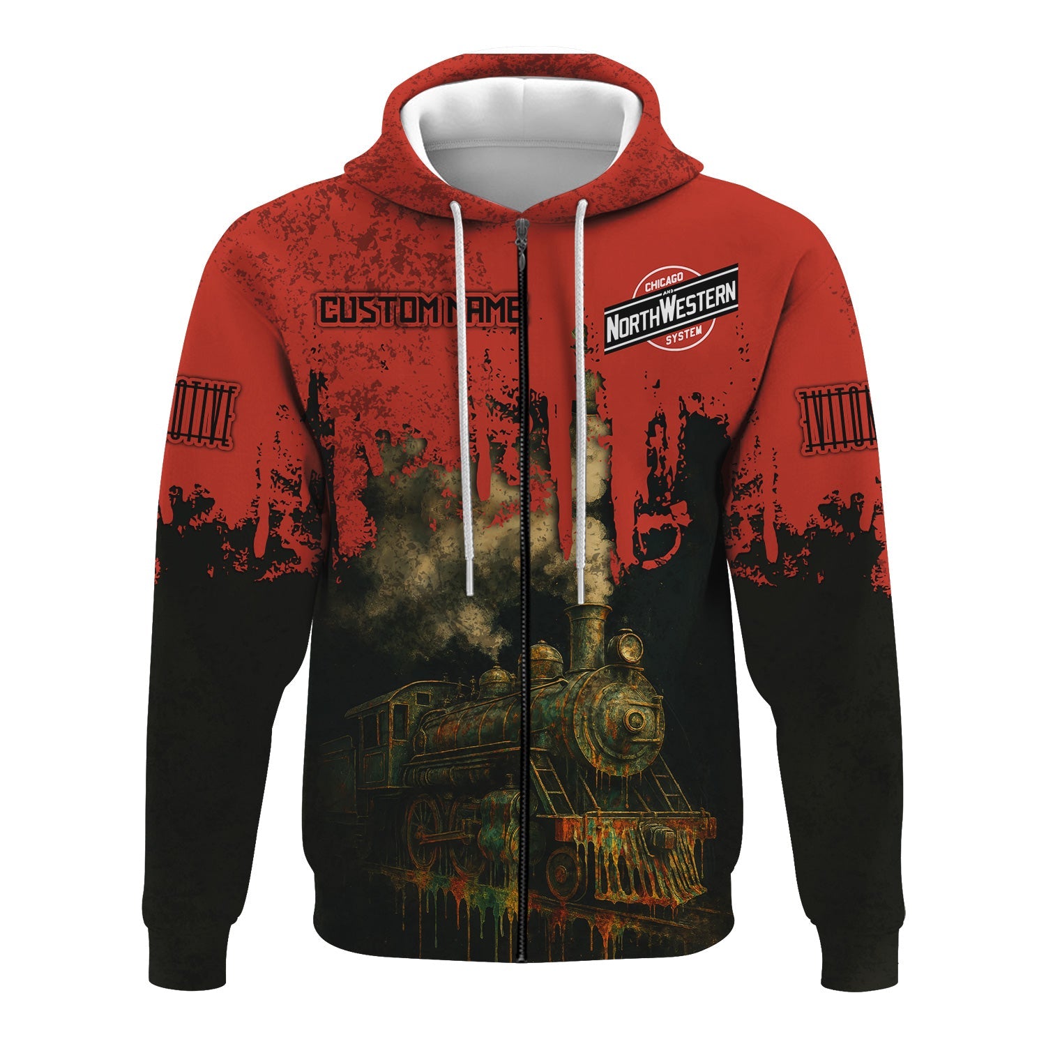Railspirit Personalized Chicago and North Western Railway Hoodie Vintage Train Art Style Zip Up Hoodie For Locomotive Fans