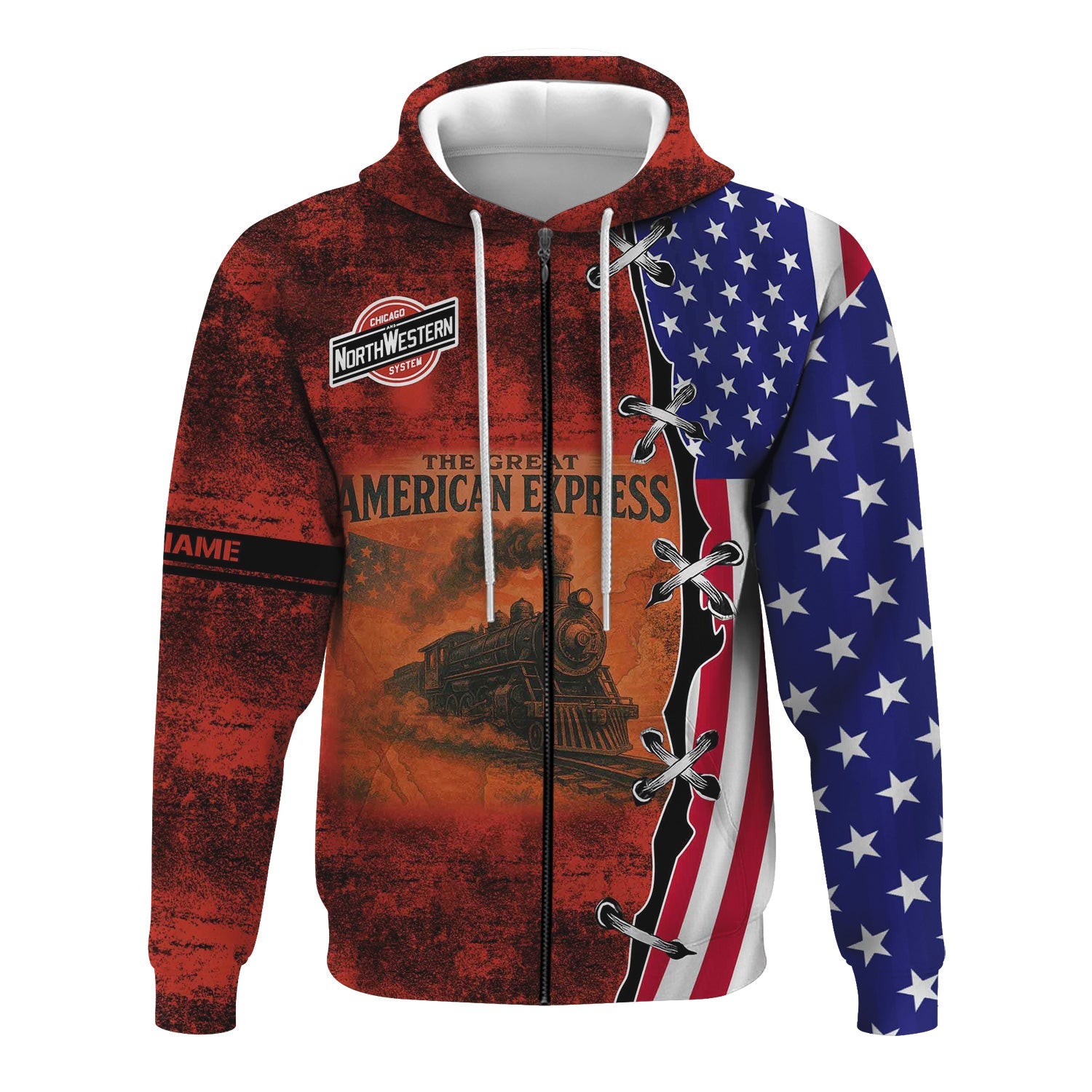 Railspirit Personalized Chicago and North Western Railway Hoodie Retro American Express Train With USA Flag Zip Up Hoodie
