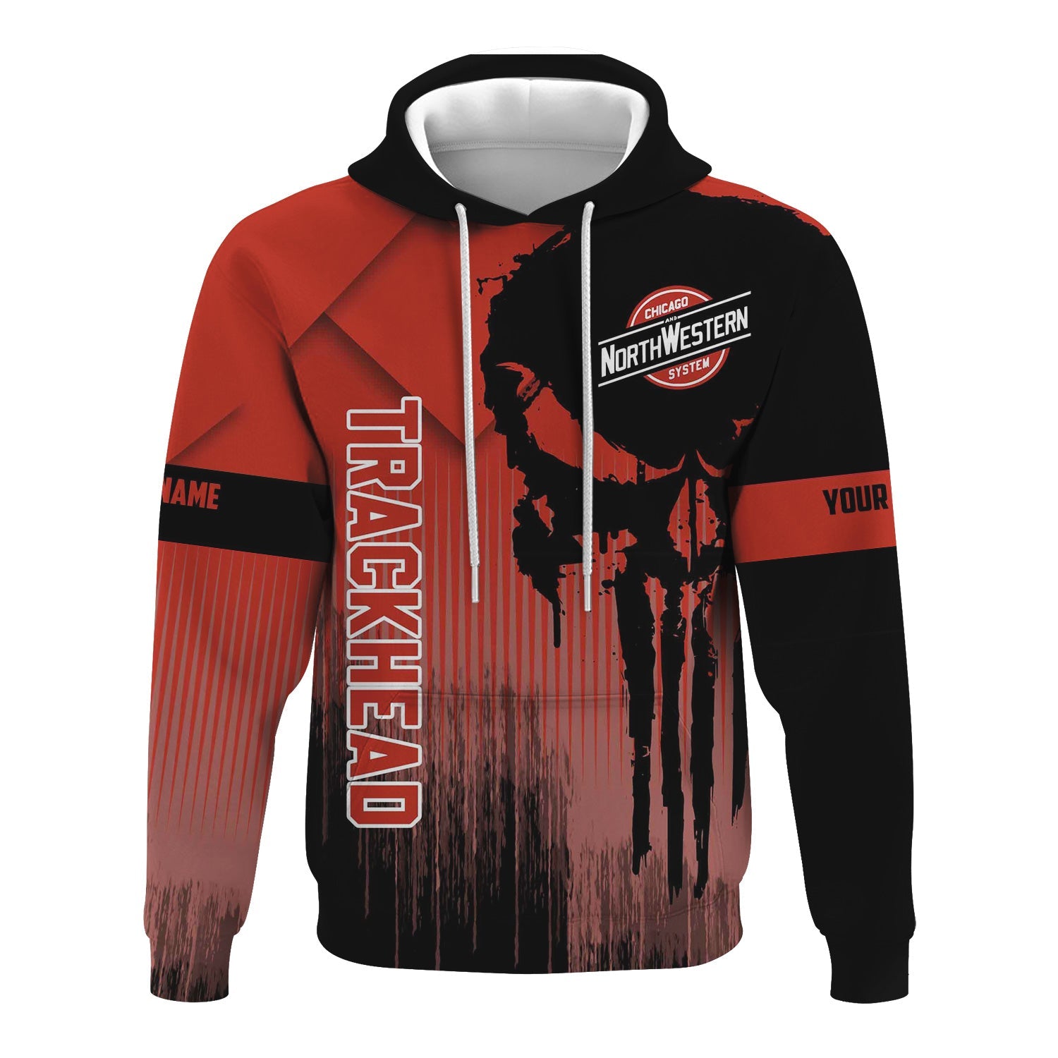 Railspirit Personalized Chicago and North Western Railway Hoodie Skull Design with Custom Job Train Zip Up Hoodie for Trackhead Crew