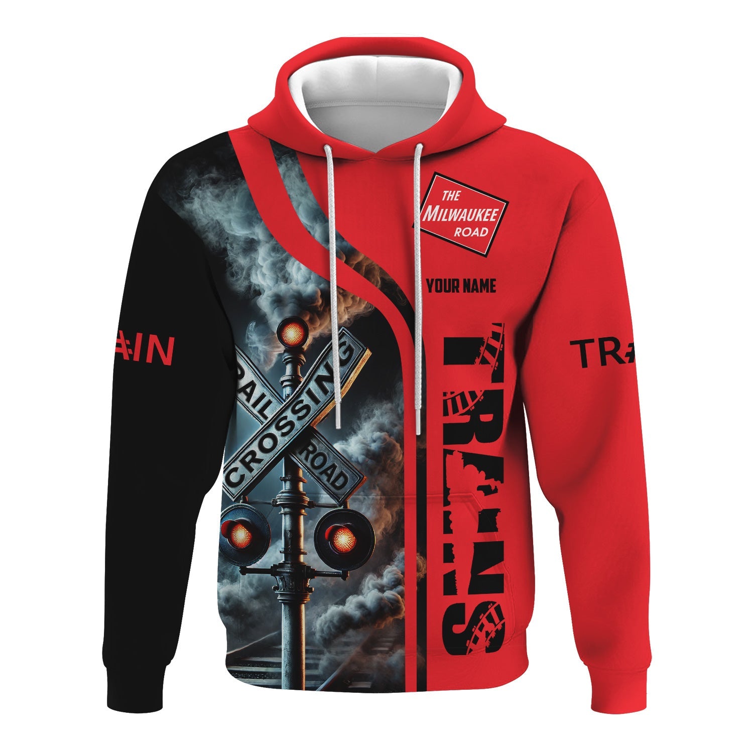Railspirit Custom Name Chicago, Milwaukee, St. Paul and Pacific Railroad Hoodie Railroad Crossing Sign Milwaukee Road Printed Zip Hoodie