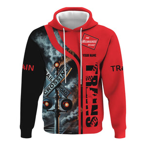 Railspirit Custom Name Chicago, Milwaukee, St. Paul and Pacific Railroad Hoodie Railroad Crossing Sign Milwaukee Road Printed Zip Hoodie