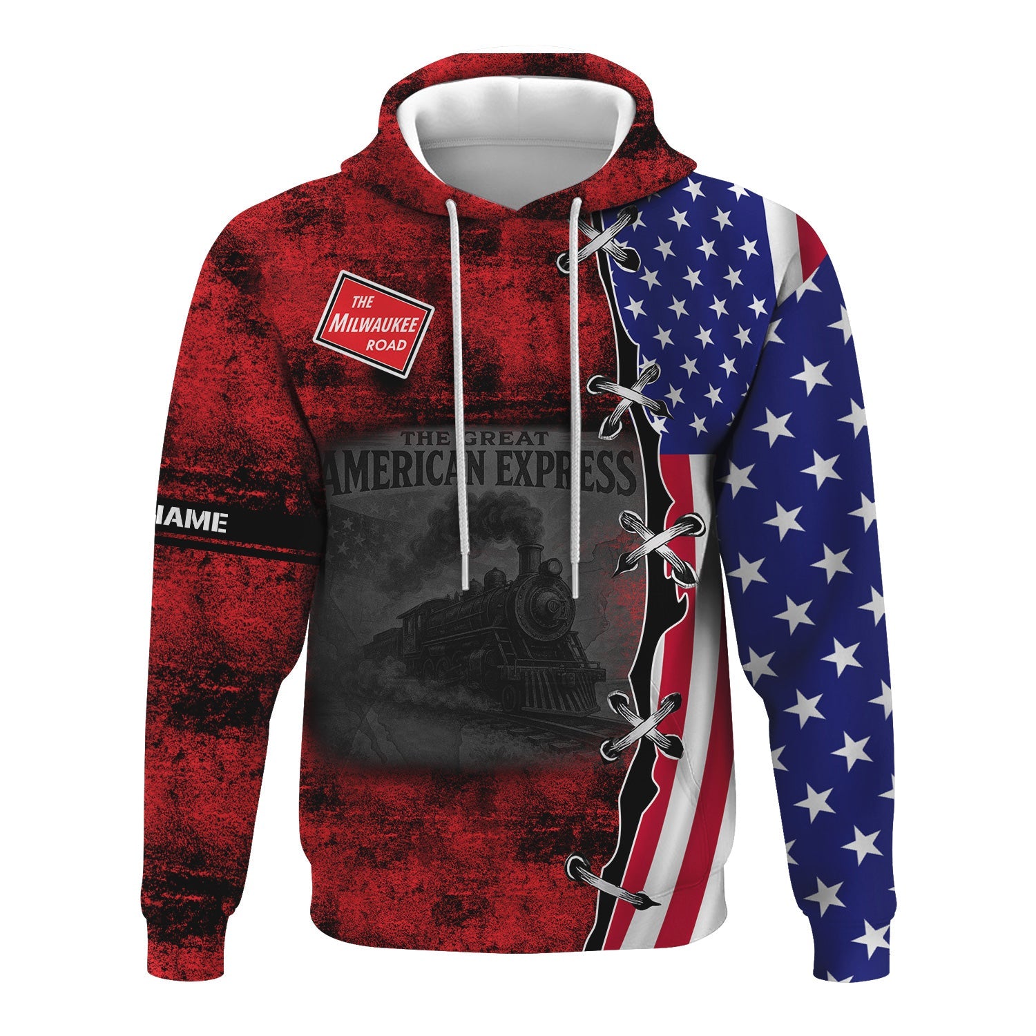Railspirit Personalized Chicago, Milwaukee, St. Paul and Pacific Railroad Hoodie Retro American Express Train USA Flag Milwaukee Road Zip Up Hoodie