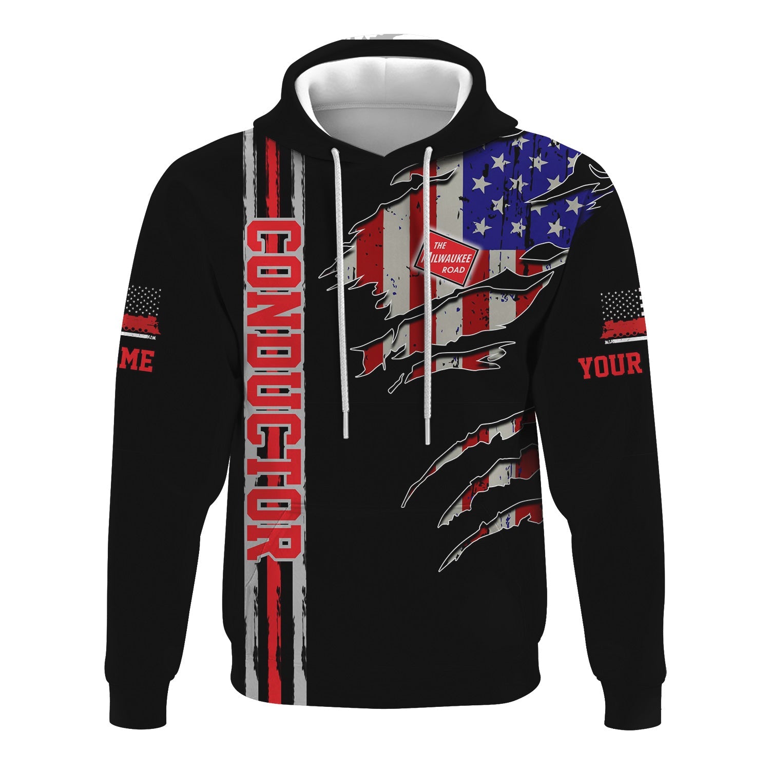 Railspirit Personalized Chicago, Milwaukee, St. Paul and Pacific Railroad Hoodie USA Flag Claw Art with Custom Job Milwaukee Road Train Zip Up Hoodie