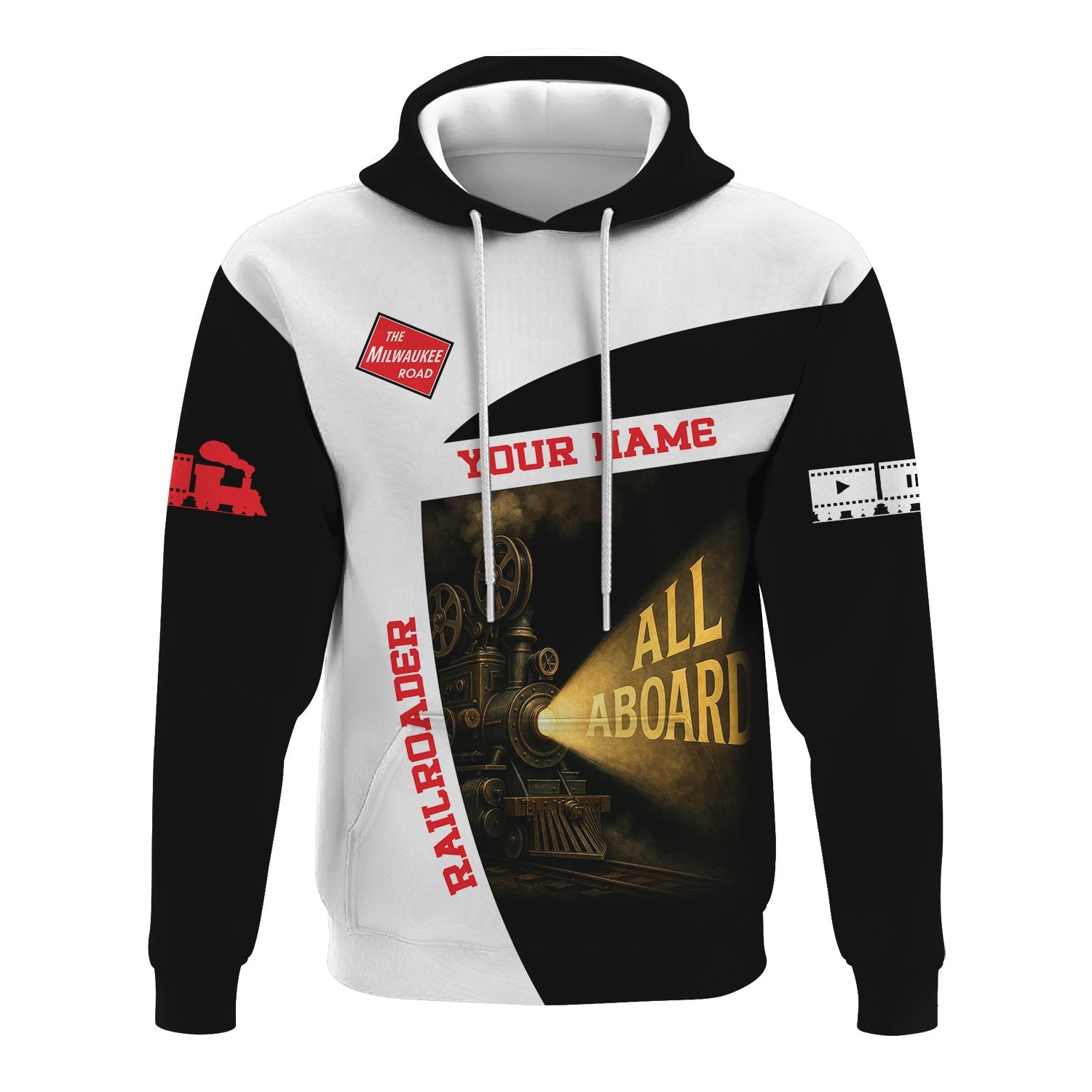 Railspirit Personalized Chicago, Milwaukee, St. Paul and Pacific Railroad Hoodie All Aboard Steam Train Movie Projector Style Milwaukee Road Zip Up Hoodie
