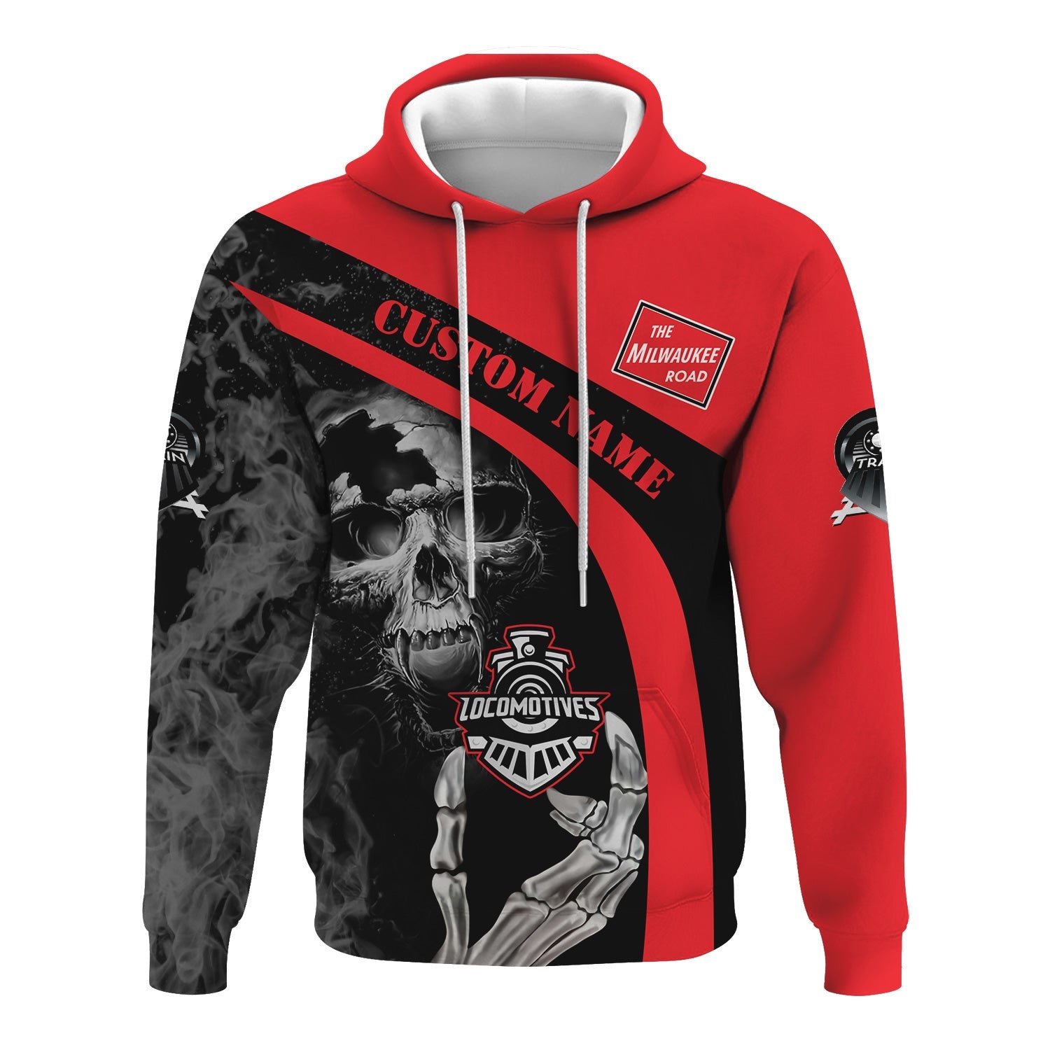 Railspirit Personalized Chicago, Milwaukee, St. Paul and Pacific Railroad Hoodie Flame Skull Design Milwaukee Road Train Zip Up Hoodie