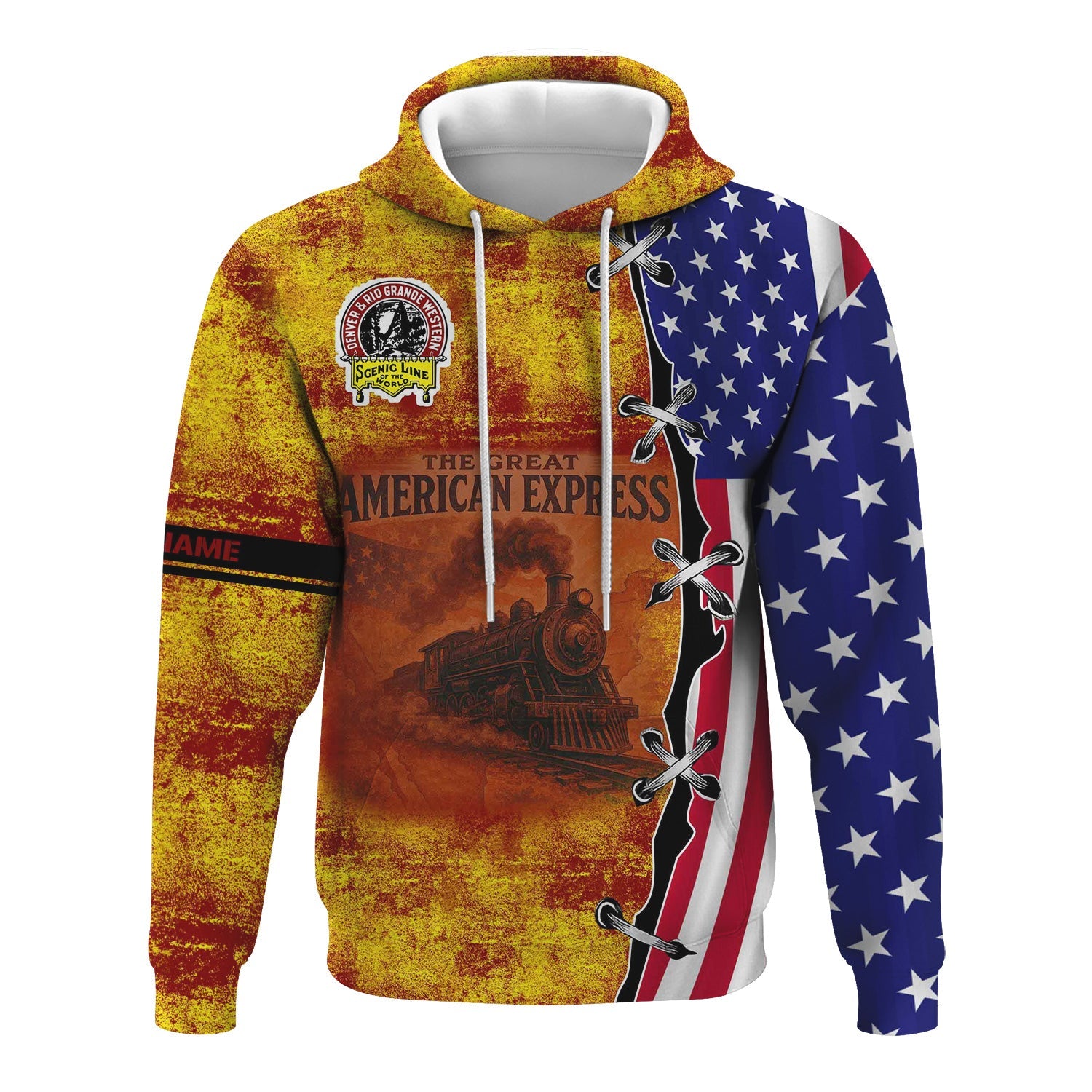 Railspirit Personalized Denver and Rio Grande Western Railroad Hoodie Retro American Express Train With USA Flag Zip Up Hoodie