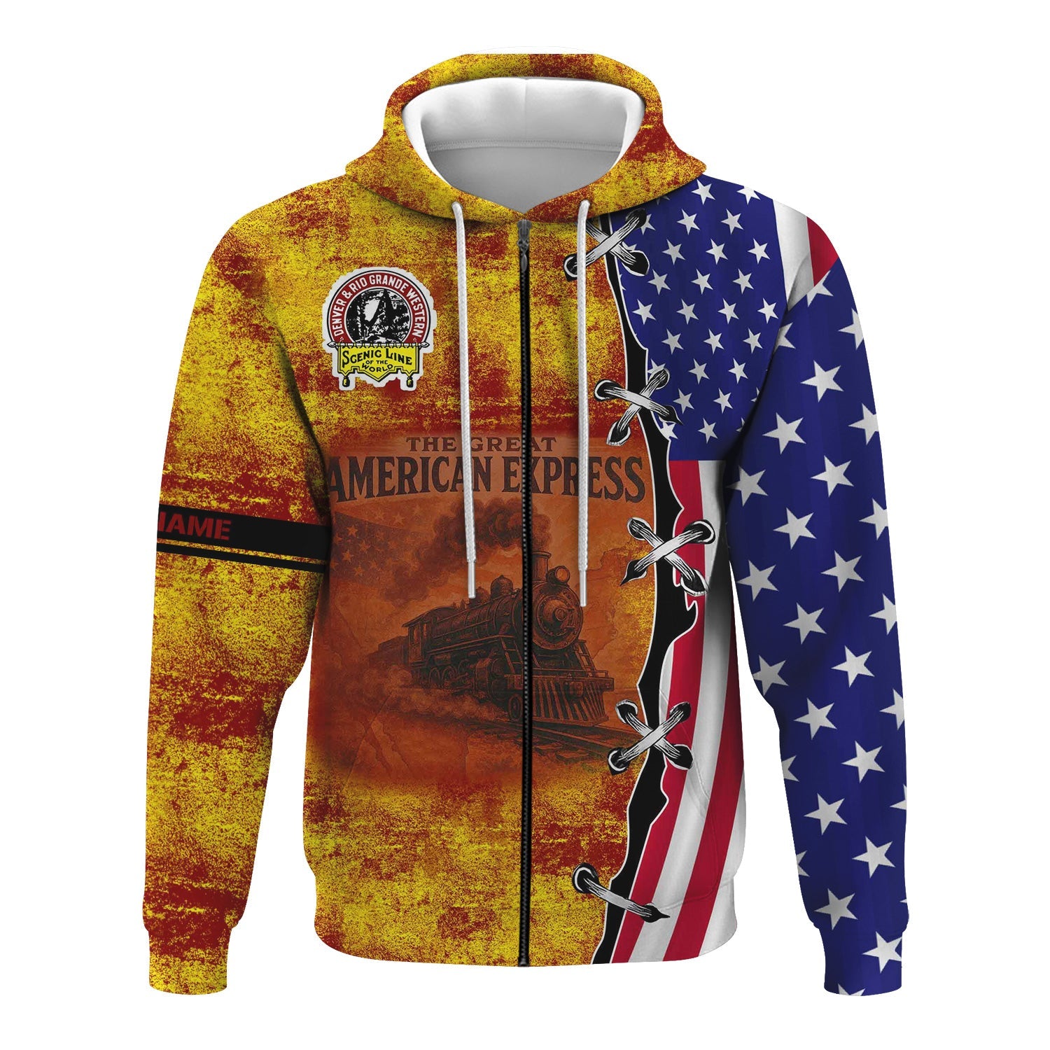 Railspirit Personalized Denver and Rio Grande Western Railroad Hoodie Retro American Express Train With USA Flag Zip Up Hoodie