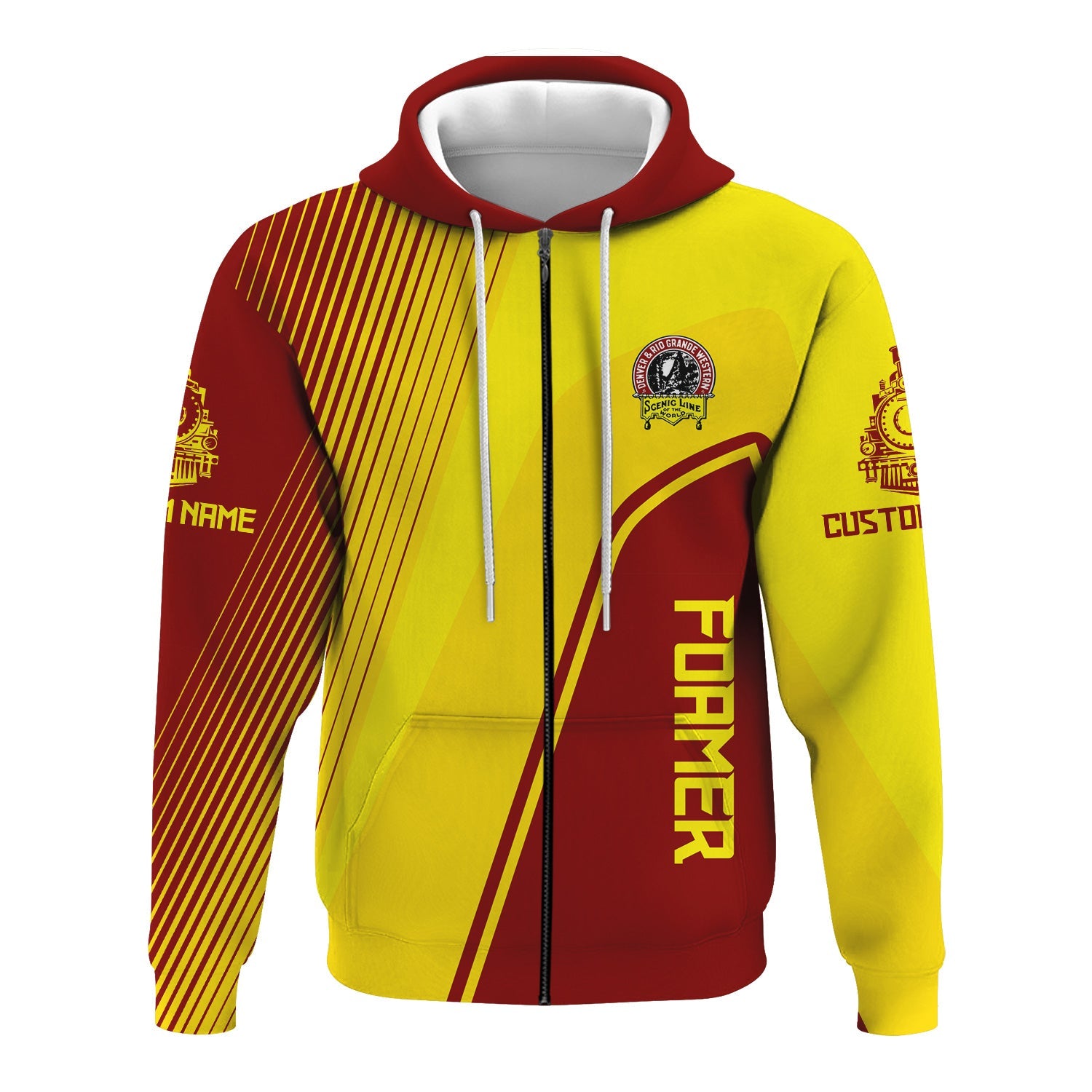 Railspirit Personalized Denver and Rio Grande Western Railroad Hoodie Vibrant Striking Style Zip Up Hoodie For Rail Enthusiasts