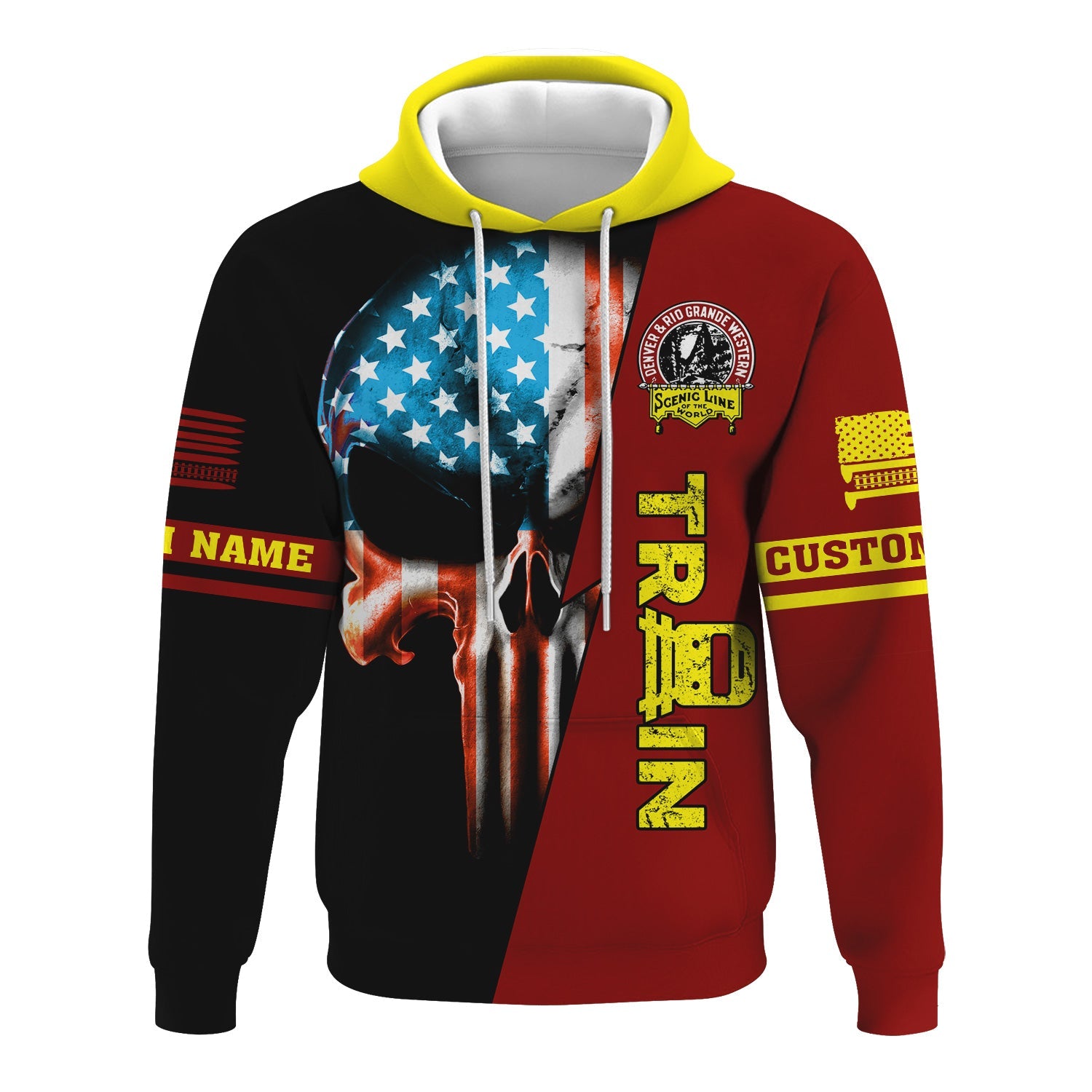 Railspirit Personalized Denver and Rio Grande Western Railroad Hoodie Train Skull American Flag Zip Up Hoodie All Over Print