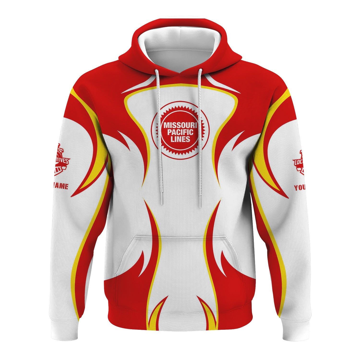 Railspirit Personalized Missouri Pacific Railroad Hoodie Distinctive Flame Style Zip Up Hoodie For Steam Engine Addict