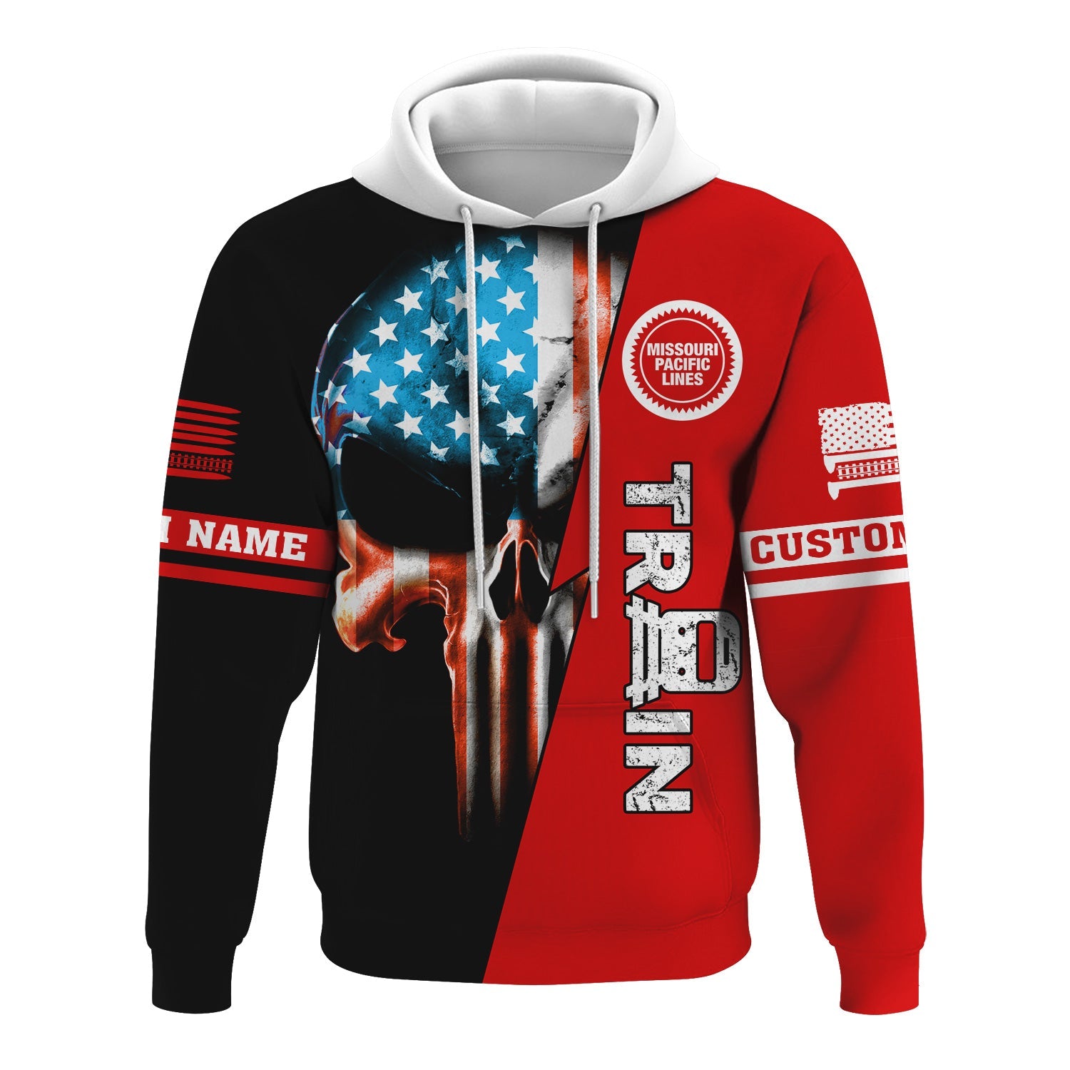 Railspirit Personalized Missouri Pacific Railroad Hoodie Train Skull American Flag Zip Up Hoodie All Over Print