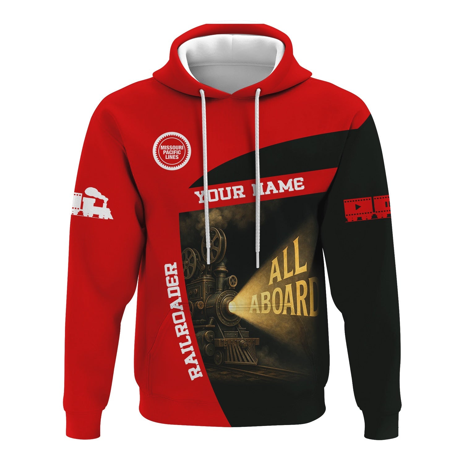 Railspirit Personalized Missouri Pacific Railroad Hoodie All Aboard Steam Train Movie Projector Style Zip Up Hoodie