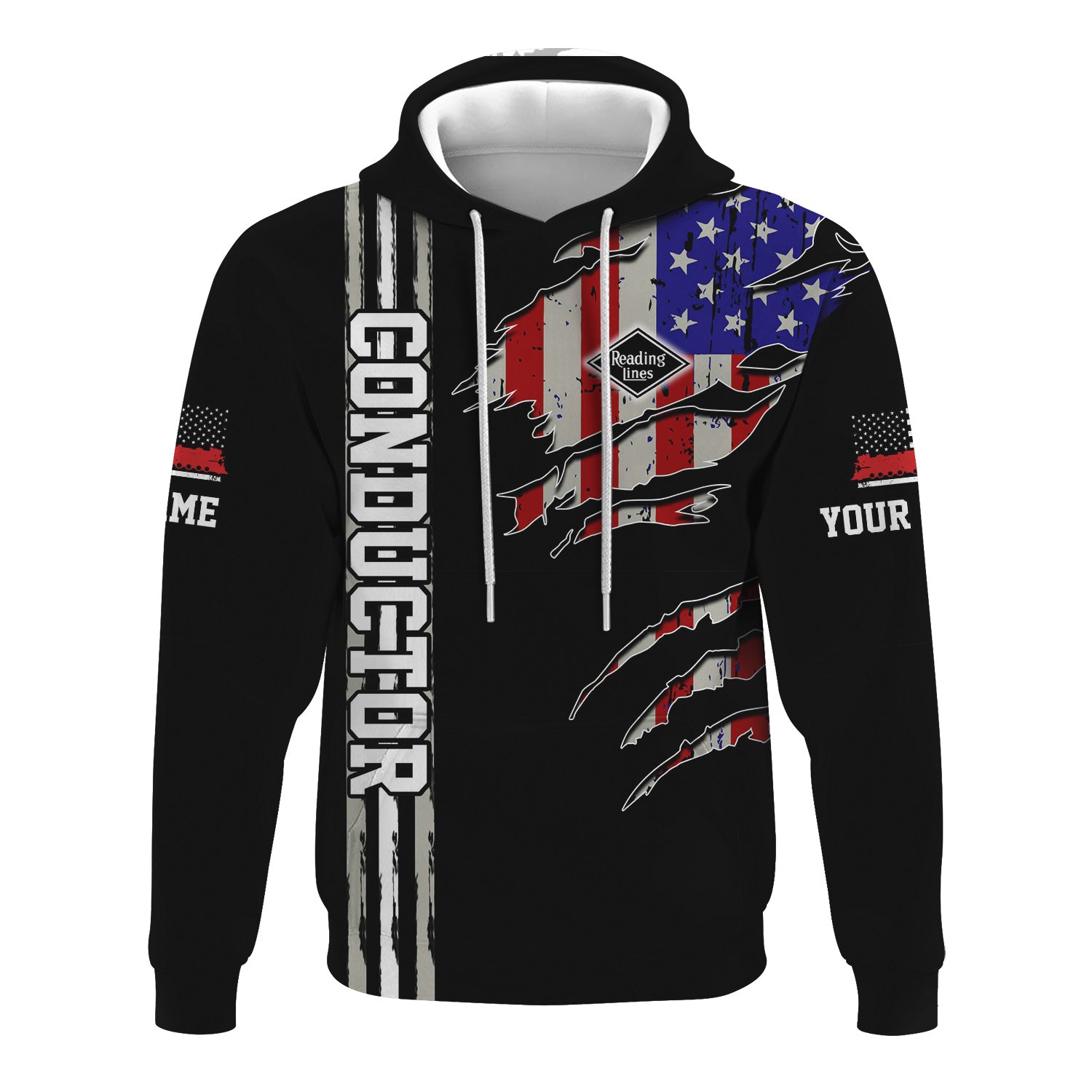 Railspirit Personalized Reading Railroad Hoodie USA Flag Claw Art with Custom Job Train Zip Up Hoodie