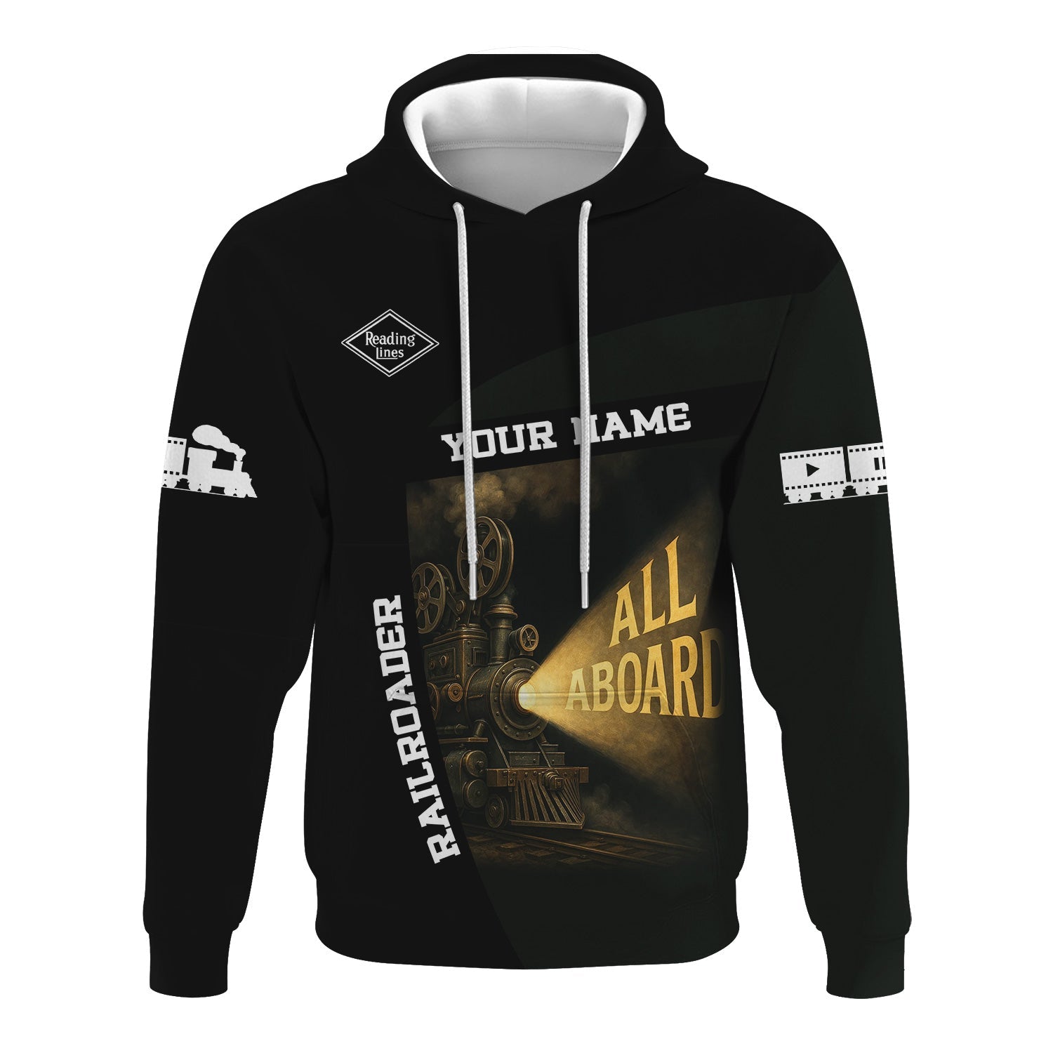 Railspirit Personalized Reading Railroad Hoodie All Aboard Steam Train Movie Projector Style Zip Up Hoodie