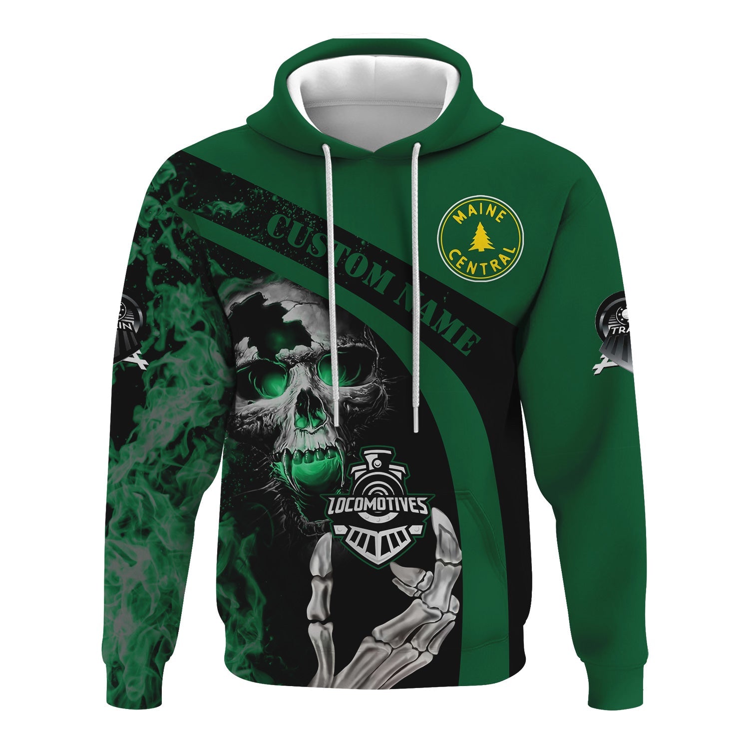Railspirit Personalized Maine Central Railroad Hoodie Flame Skull Design Train Zip Up Hoodie for Locomotive Fans
