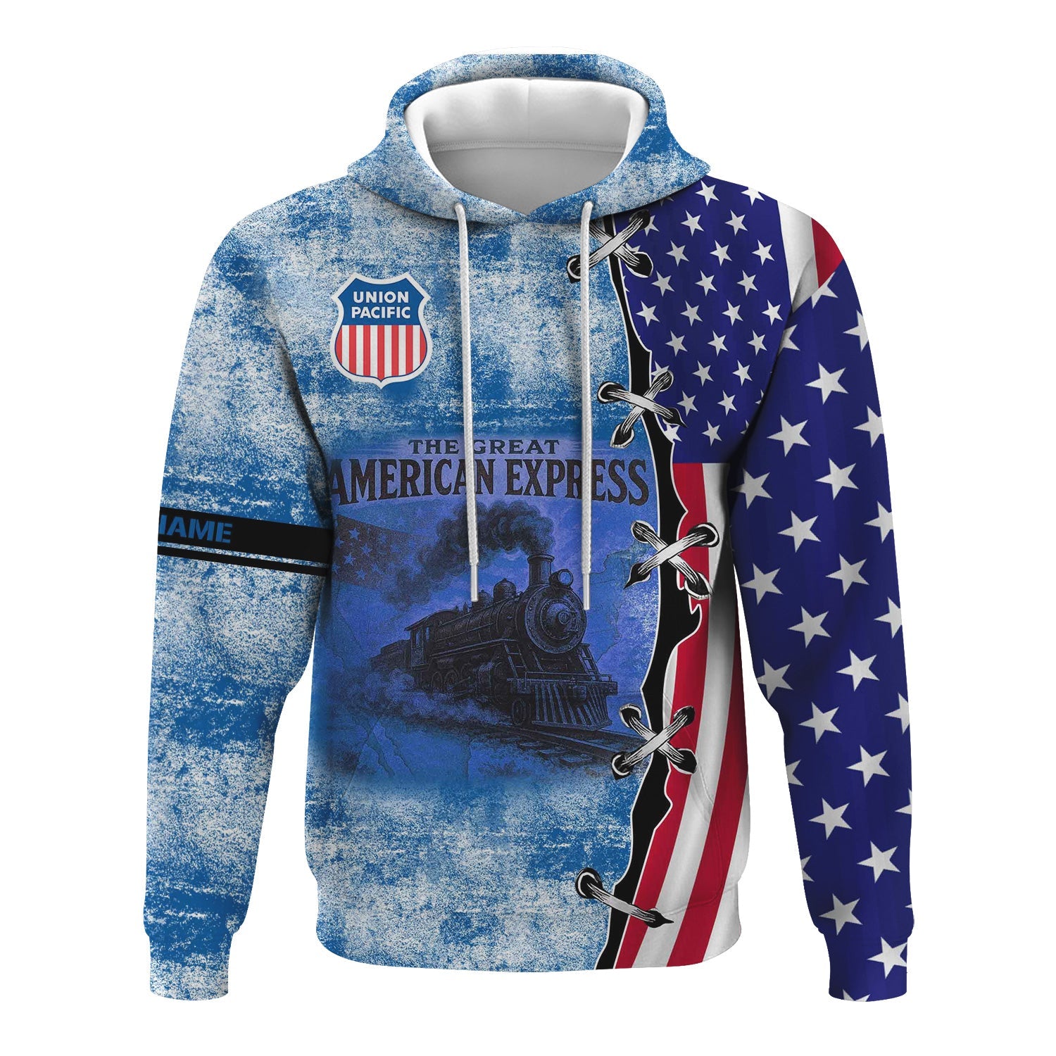 Railspirit Personalized Union Pacific Railroad Hoodie Retro American Express Train With USA Flag Big Boy Zip Up Hoodie