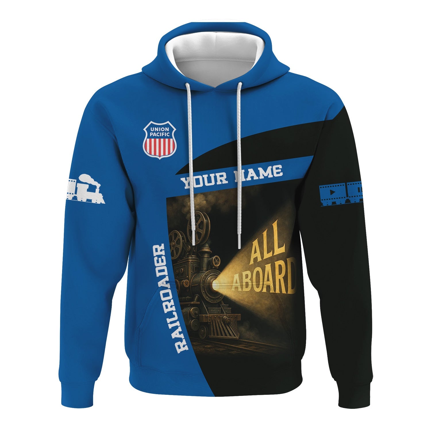 Railspirit Personalized Union Pacific Railroad Hoodie All Aboard Steam Train Movie Projector Style Big Boy Zip Up Hoodie