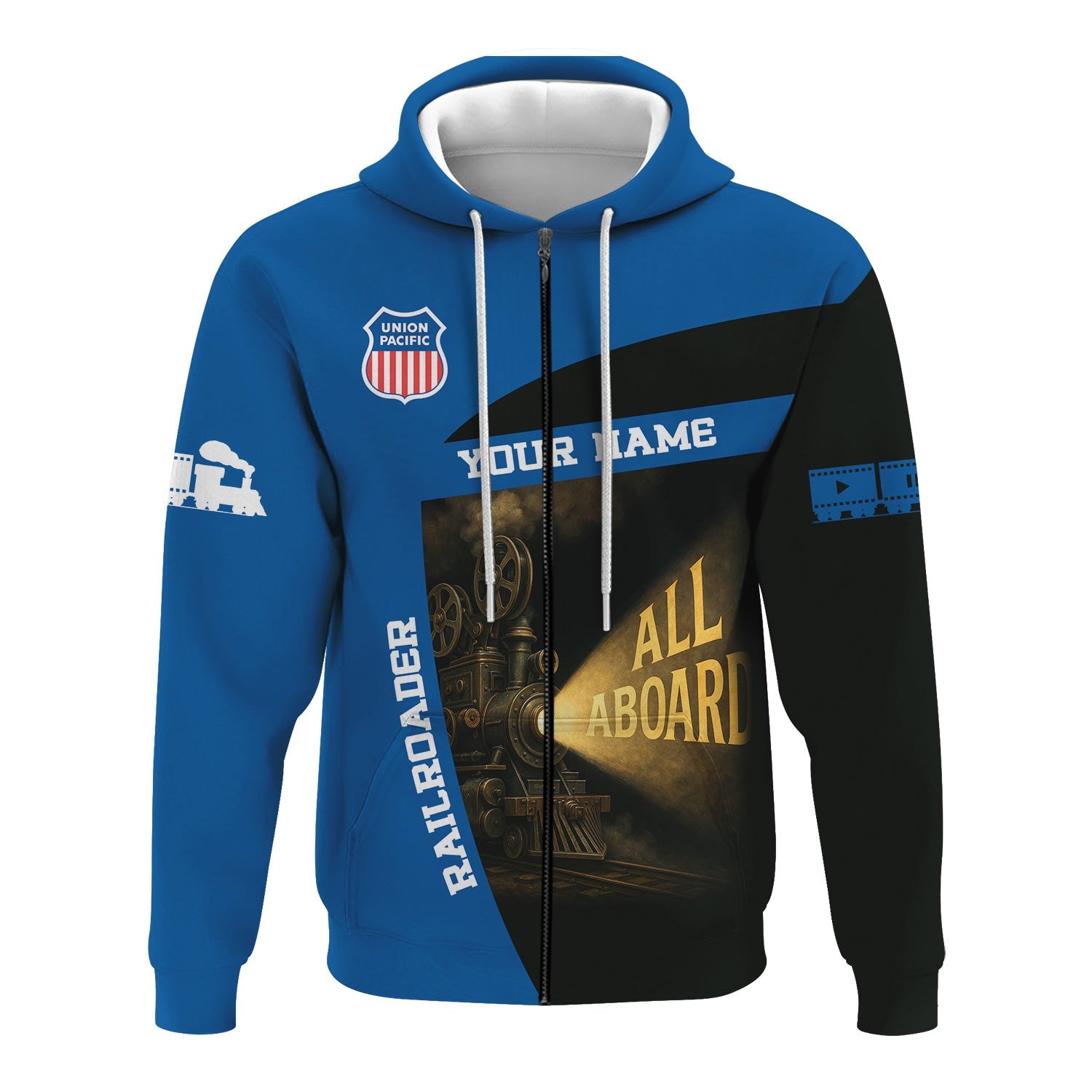 Railspirit Personalized Union Pacific Railroad Hoodie All Aboard Steam Train Movie Projector Style Big Boy Zip Up Hoodie