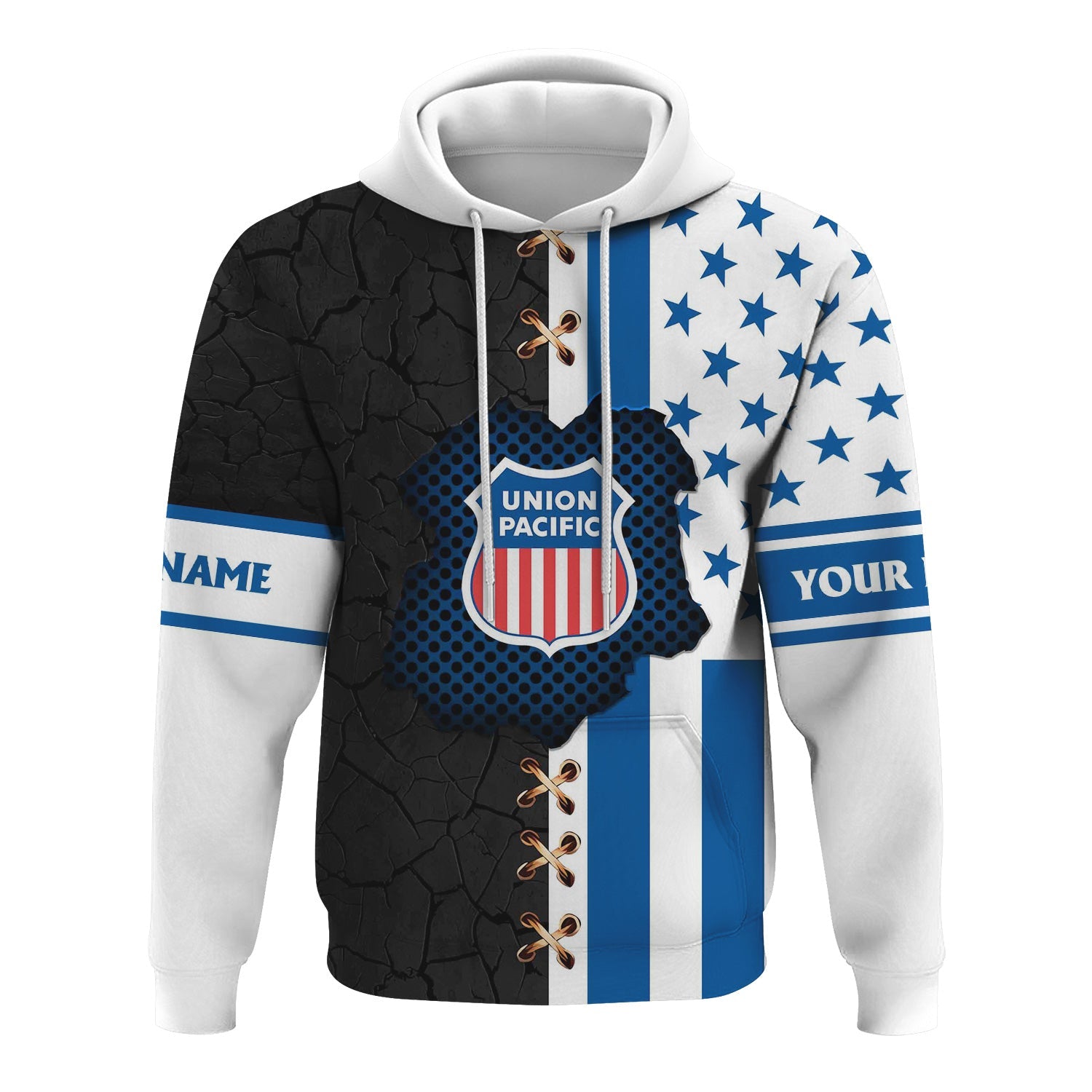 Railspirit Personalized Union Pacific Railroad Hoodie American Flag with Crack Effect Big Boy Train Zip Up Hoodie
