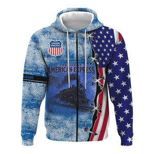 Railspirit Personalized Union Pacific Railroad Hoodie Retro American Express Train With USA Flag Big Boy Zip Up Hoodie