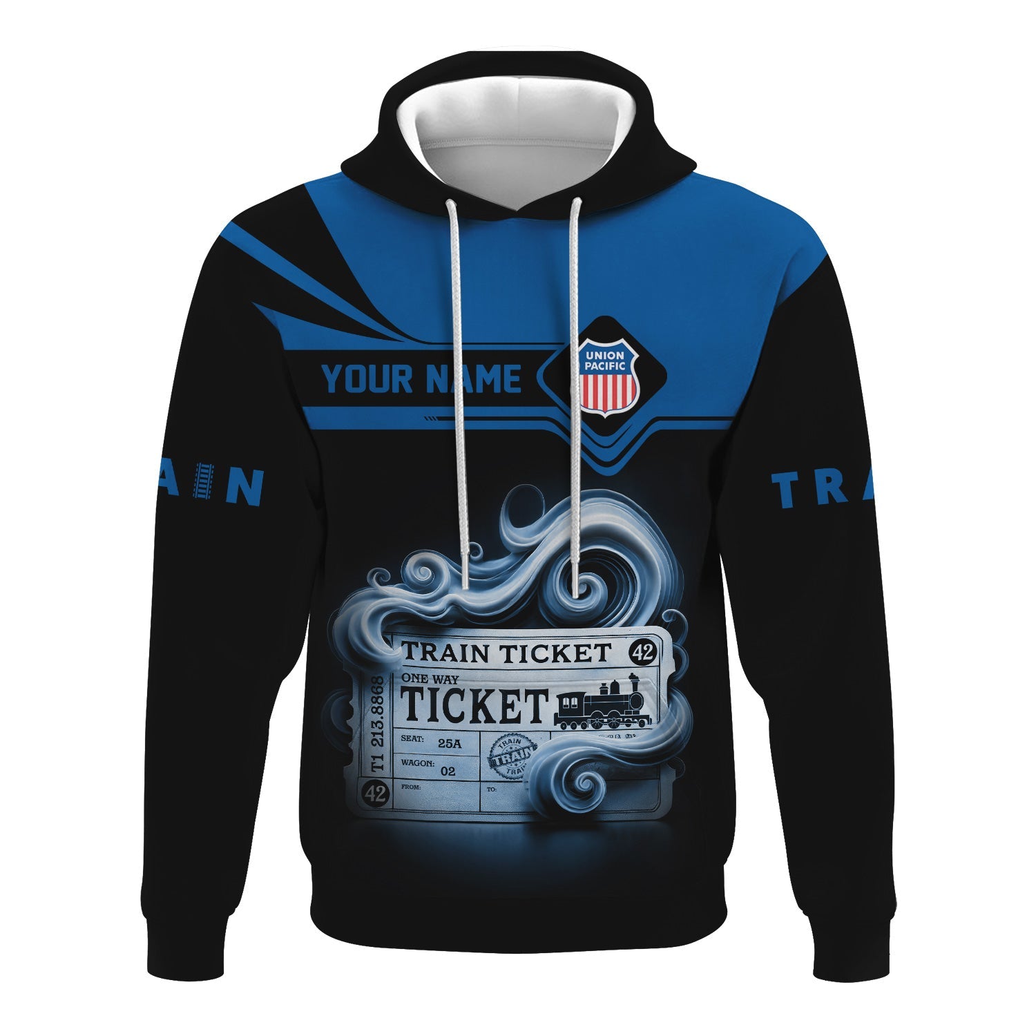 Railspirit Custom Name Union Pacific Railroad Hoodie American Train Ticket Big Boy Printed Zip Hoodie