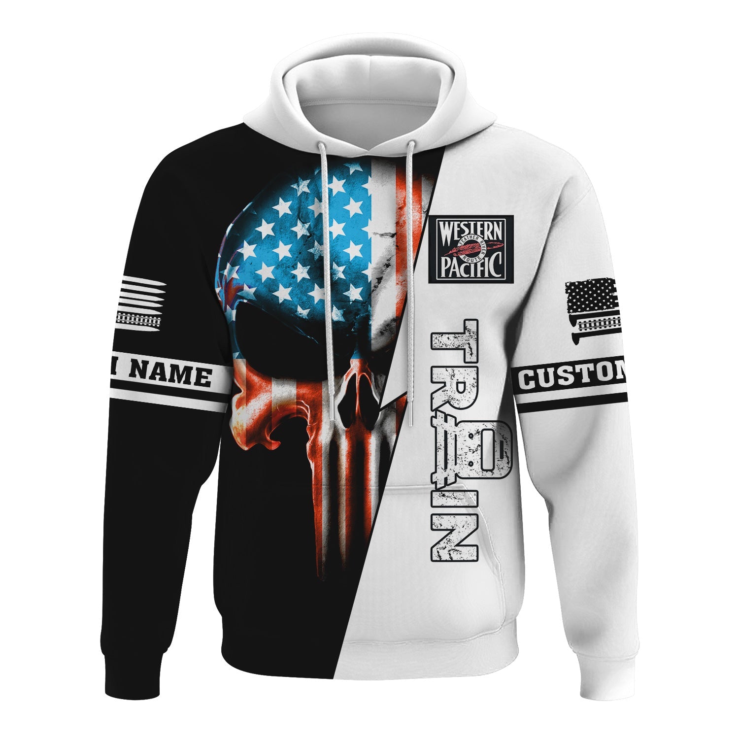 Railspirit Personalized Western Pacific Railroad Hoodie Train Skull American Flag Zip Up Hoodie All Over Print