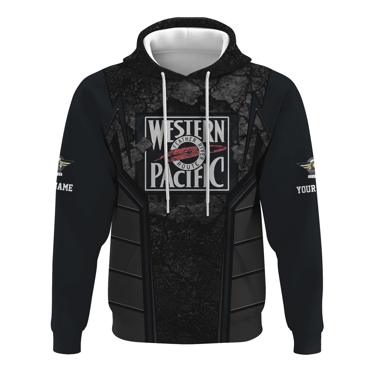 Railspirit Personalized Western Pacific Railroad Hoodie Cracked Metal Design Train Zip Up Hoodie for Rail Enthusiasts