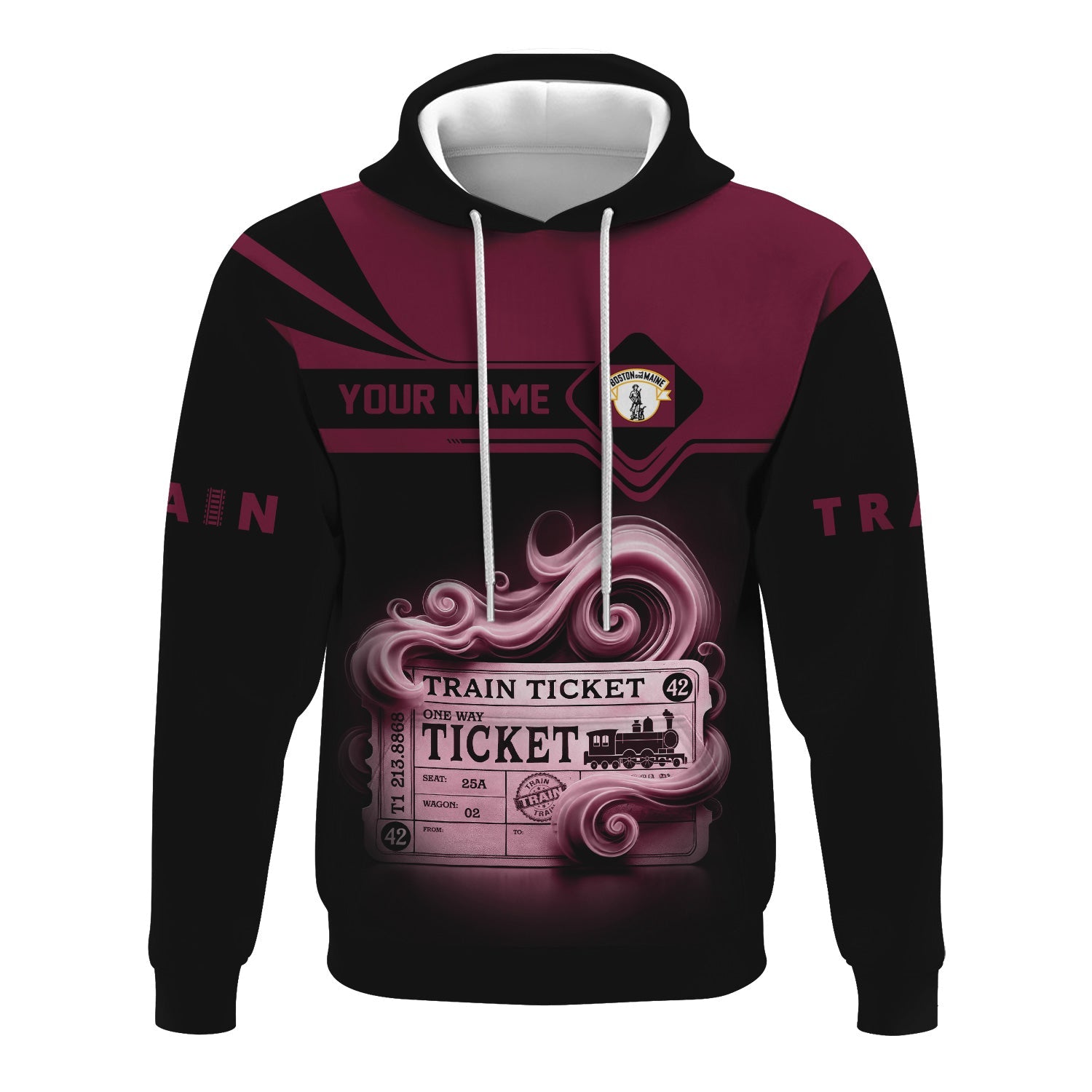 Railspirit Custom Name Boston and Maine Railroad Hoodie American Train Ticket Printed Zip Hoodie