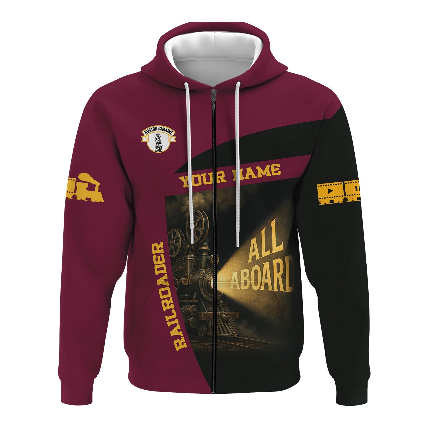 Railspirit Personalized Boston and Maine Railroad Hoodie All Aboard Steam Train Movie Projector Style Zip Up Hoodie