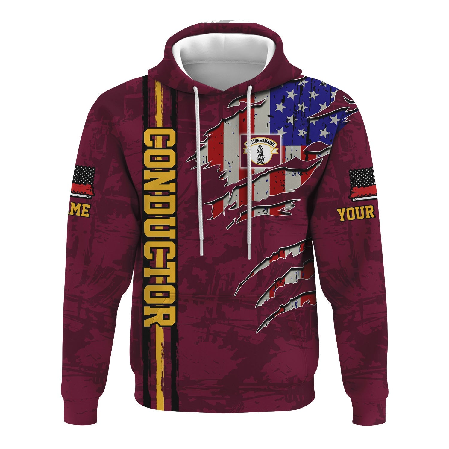 Railspirit Personalized Boston and Maine Railroad Hoodie USA Flag Claw Art with Custom Job Train Zip Up Hoodie